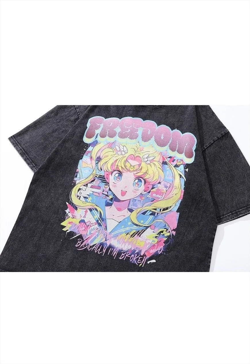 Anime print t-shirt retro Japanese top grey