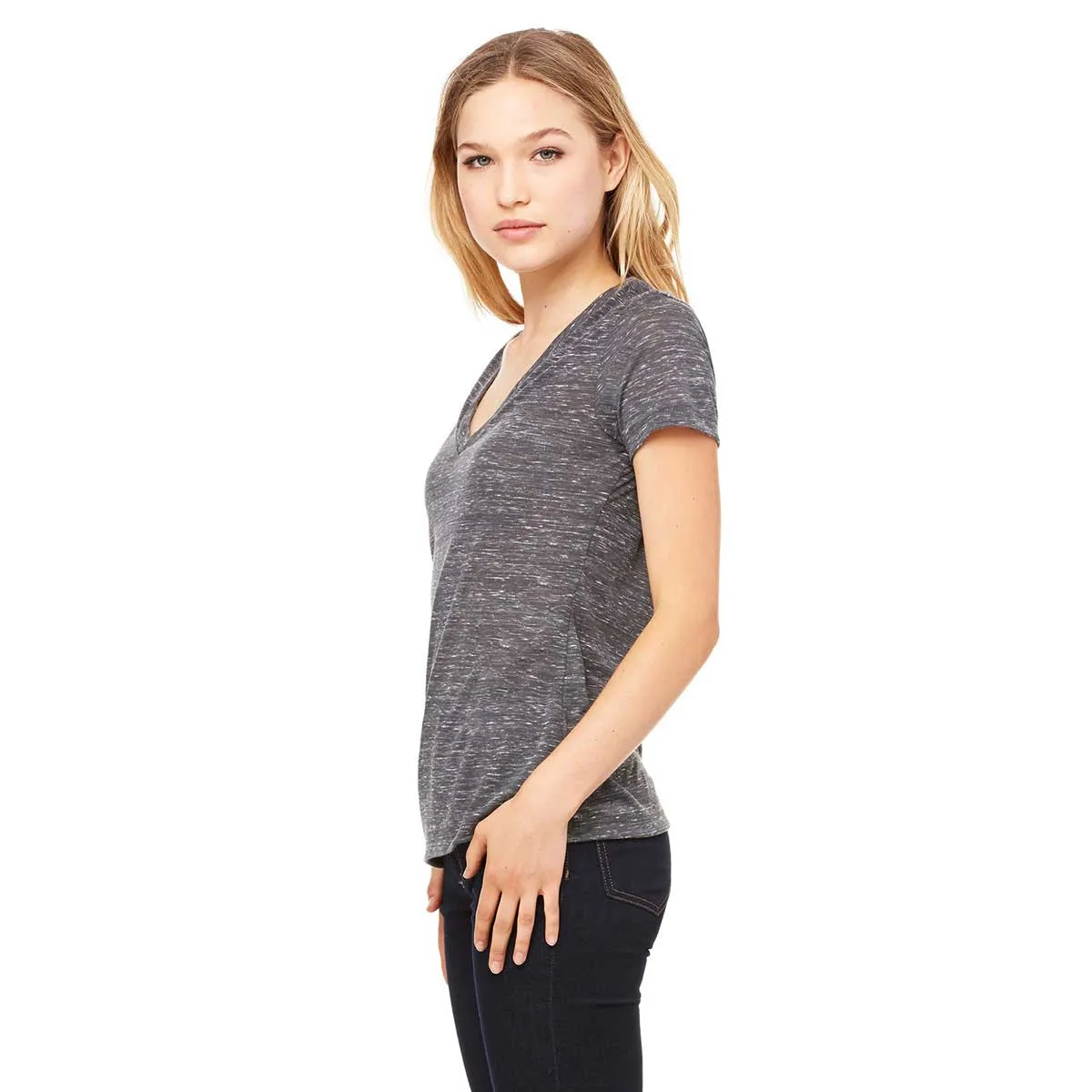 Bella   Canvas Women's Charcoal Marble Jersey Short-Sleeve Deep V-Neck T-Shirt