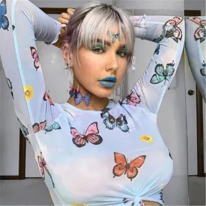 Butterfly Sheer Mesh Going out tops for women long sleeve shirt funky 90s trendy colorful see through blue pink kawaii
