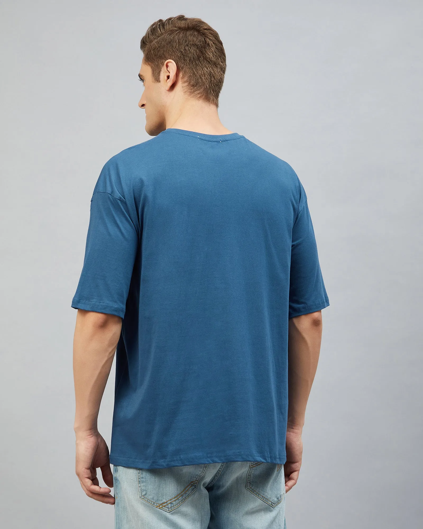 Chimpaaanzee Men Cotton Prussian Blue Solid Oversize Fit T-shirt