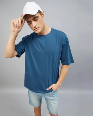 Chimpaaanzee Men Cotton Prussian Blue Solid Oversize Fit T-shirt