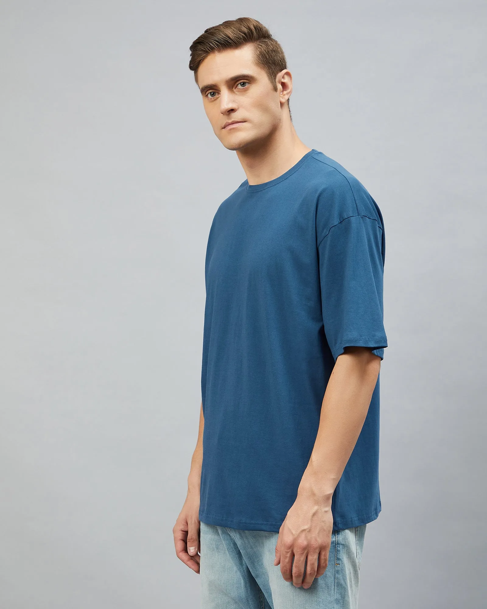 Chimpaaanzee Men Cotton Prussian Blue Solid Oversize Fit T-shirt