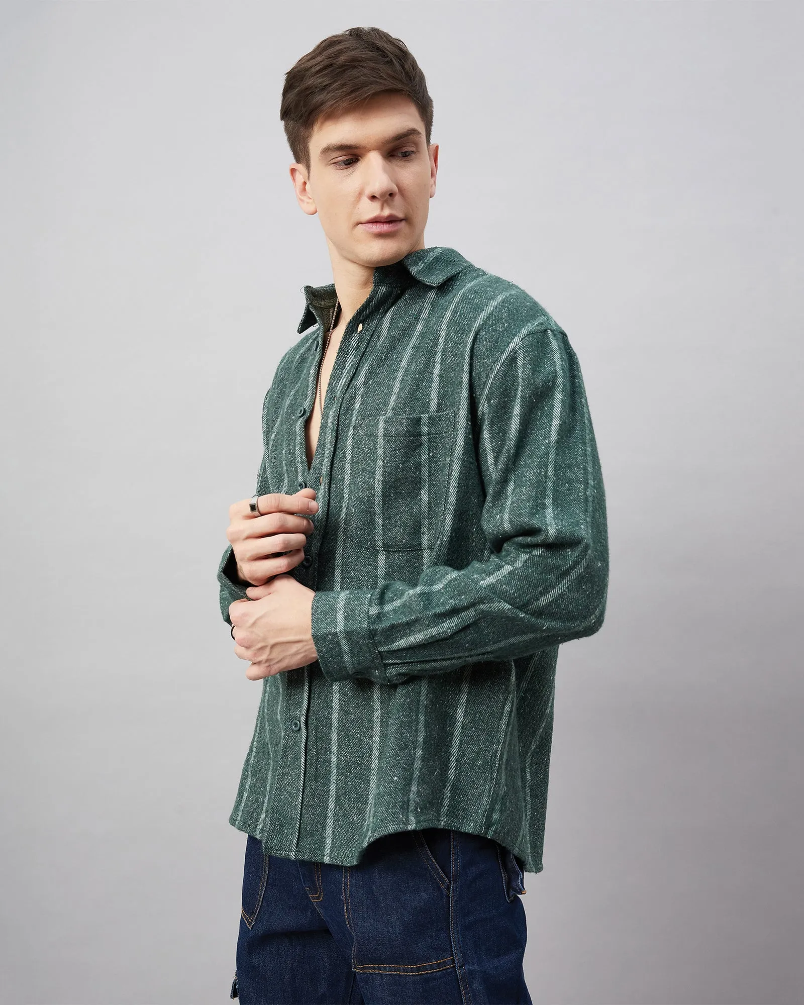 Chimpaaanzee Men Green and white Oversized Fit Shirt