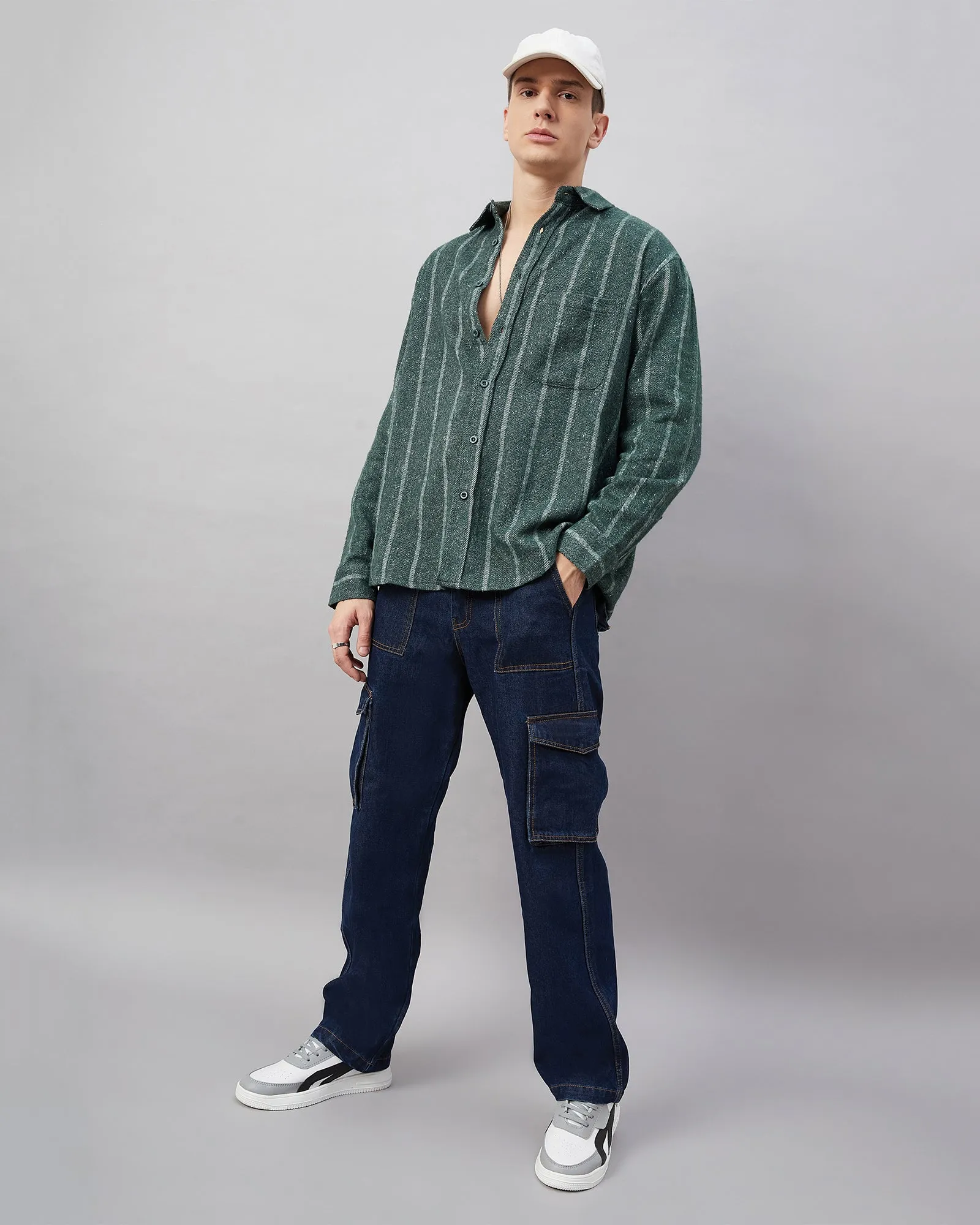 Chimpaaanzee Men Green and white Oversized Fit Shirt
