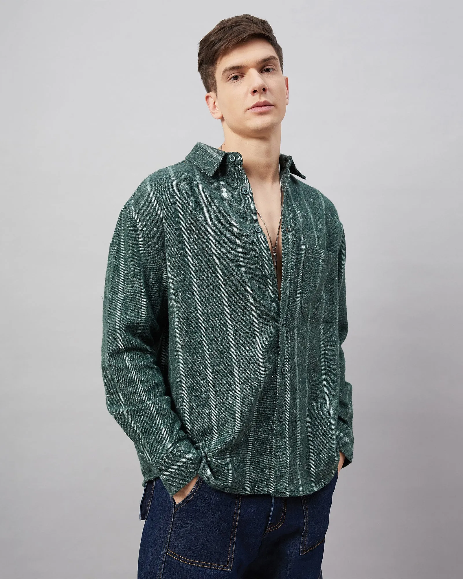 Chimpaaanzee Men Green and white Oversized Fit Shirt