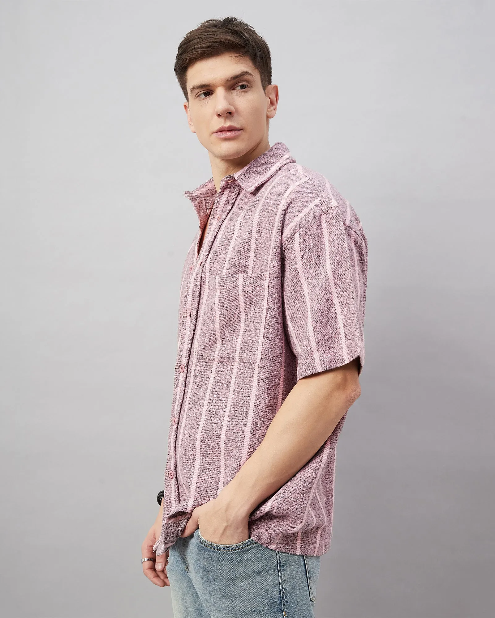 Chimpaaanzee Men Pink and White Oversized Fit Shirt