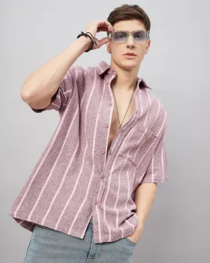 Chimpaaanzee Men Pink and White Oversized Fit Shirt