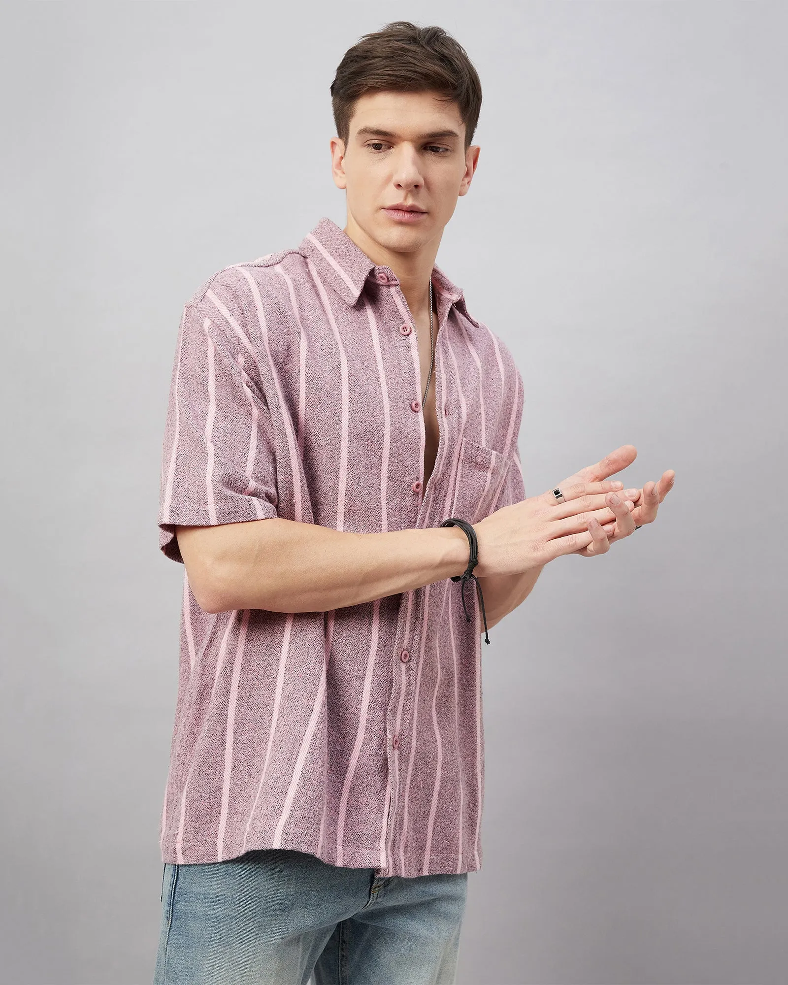 Chimpaaanzee Men Pink and White Oversized Fit Shirt