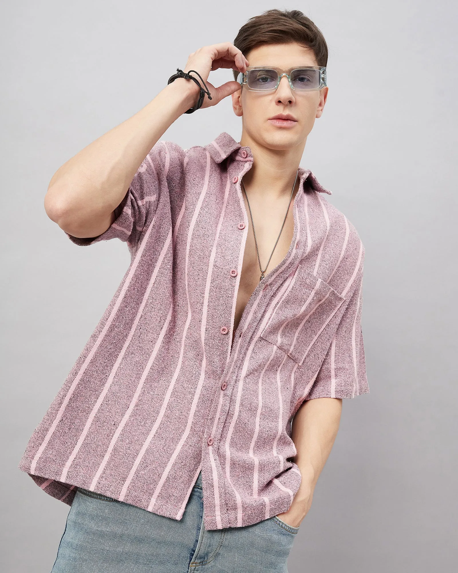 Chimpaaanzee Men Pink and White Oversized Fit Shirt