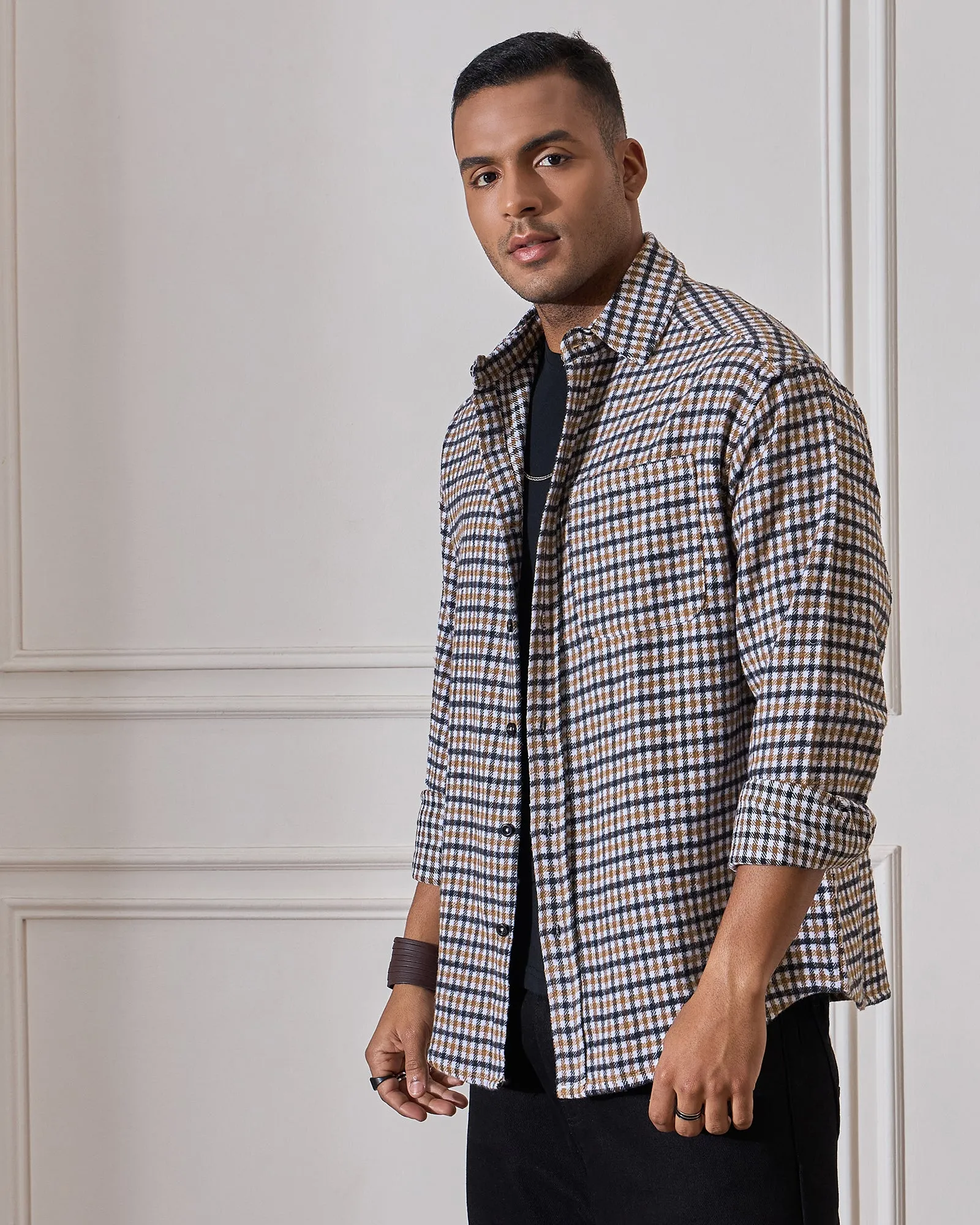 Chimpaaanzee Men White & Brown Oversized Fit Shirt