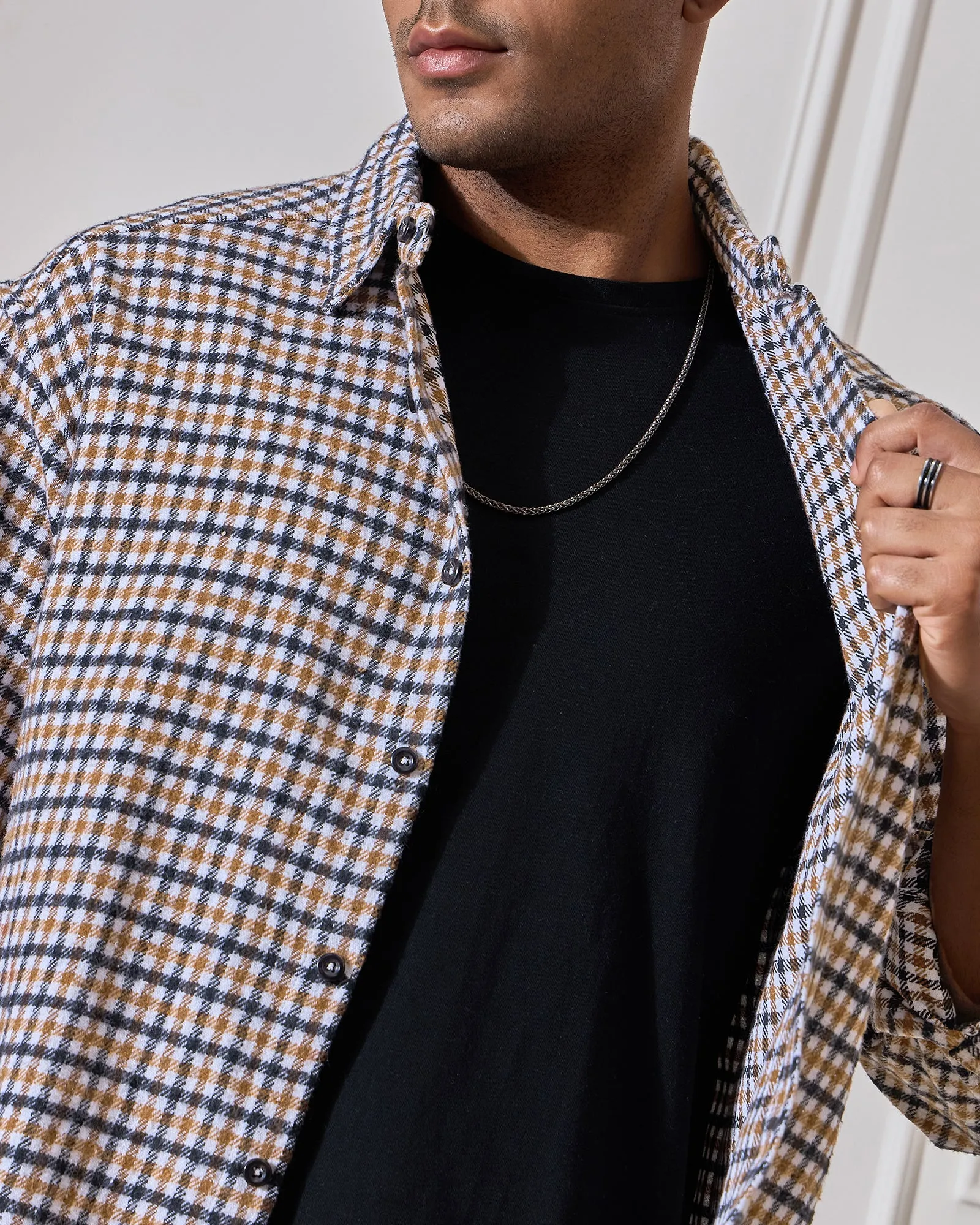 Chimpaaanzee Men White & Brown Oversized Fit Shirt