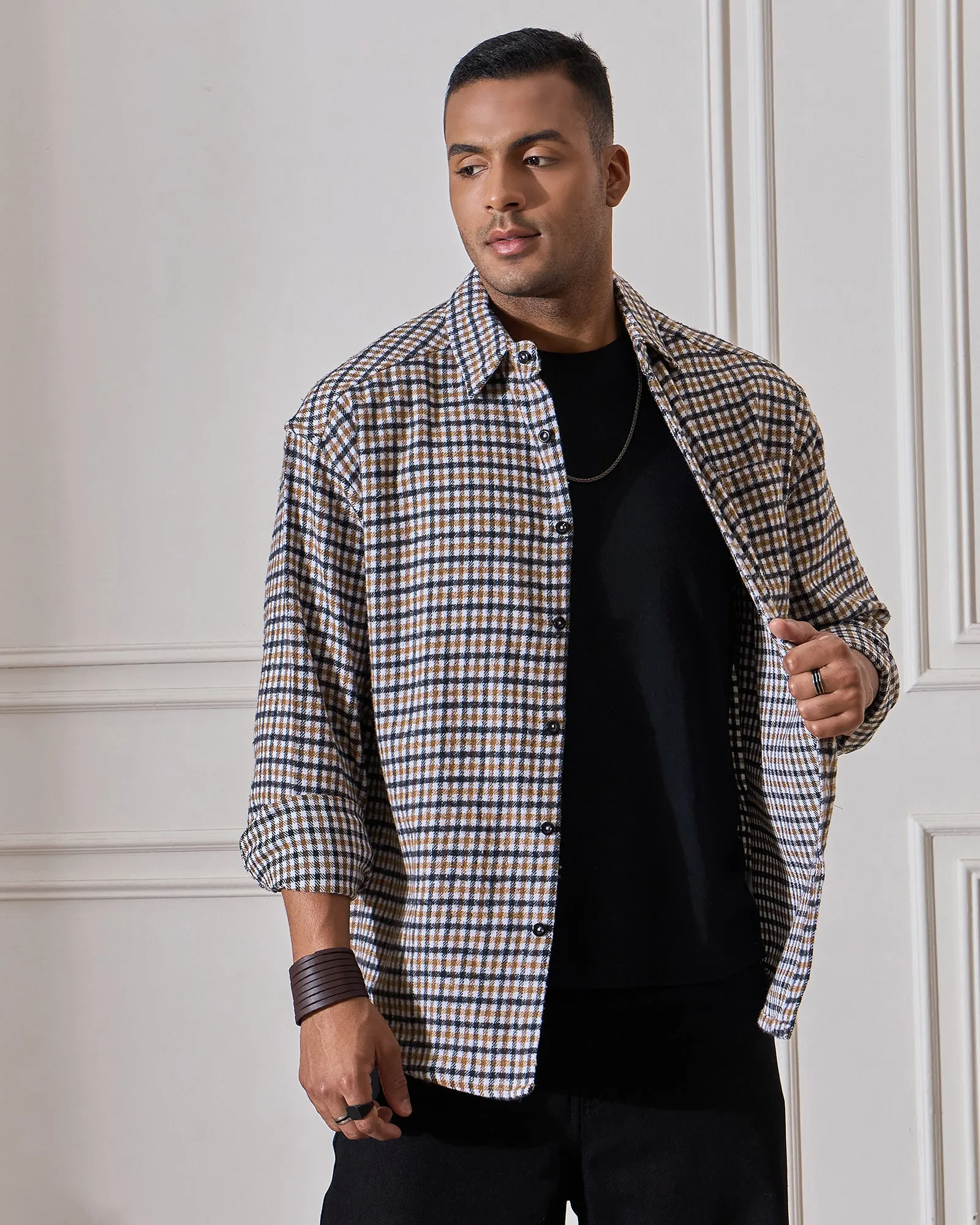 Chimpaaanzee Men White & Brown Oversized Fit Shirt