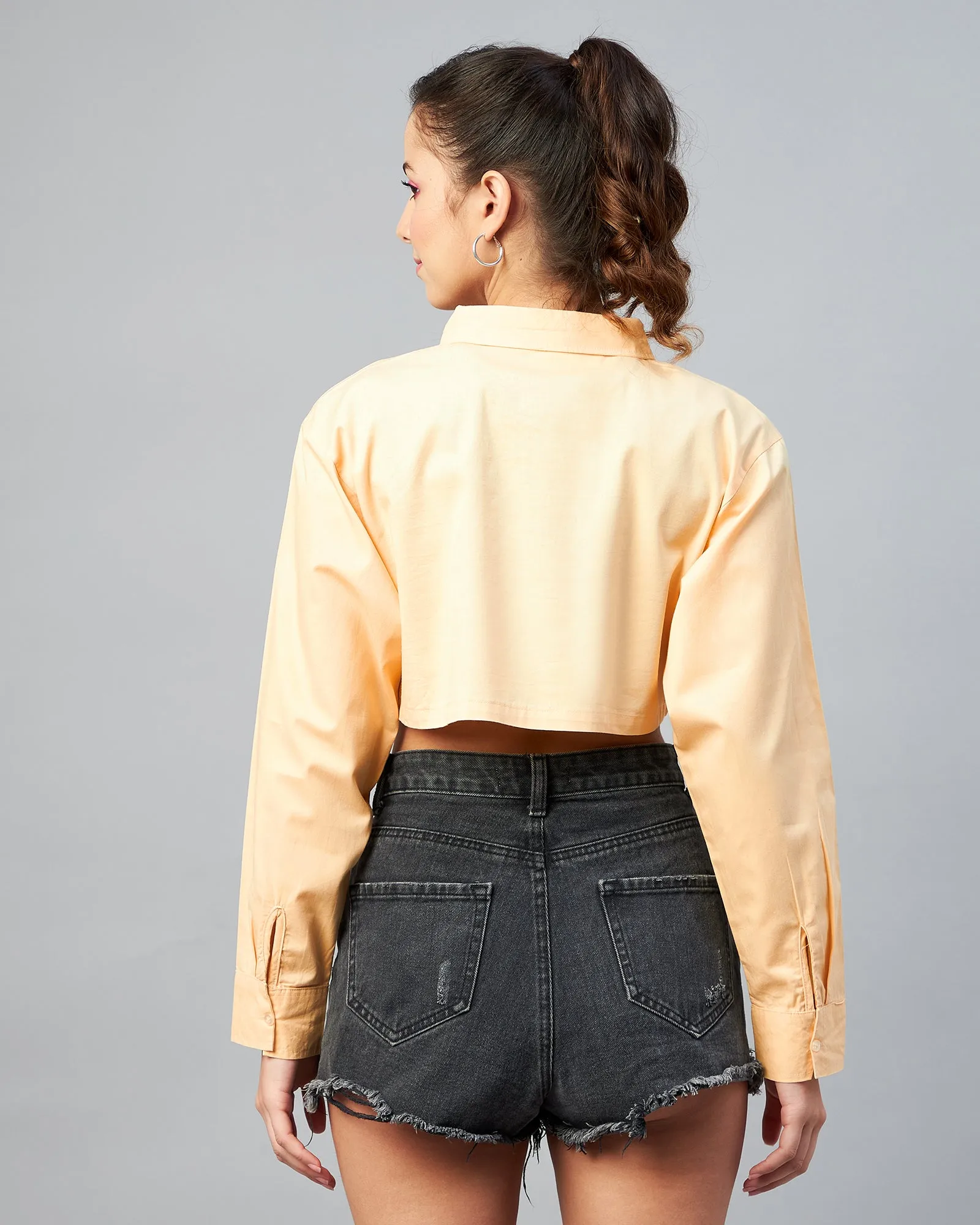Chimpaaanzee Women Coton Yellow Solid Fully Cropped Shirt