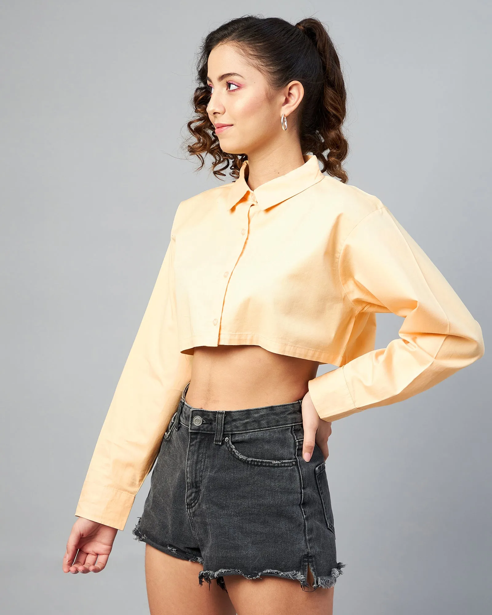 Chimpaaanzee Women Coton Yellow Solid Fully Cropped Shirt