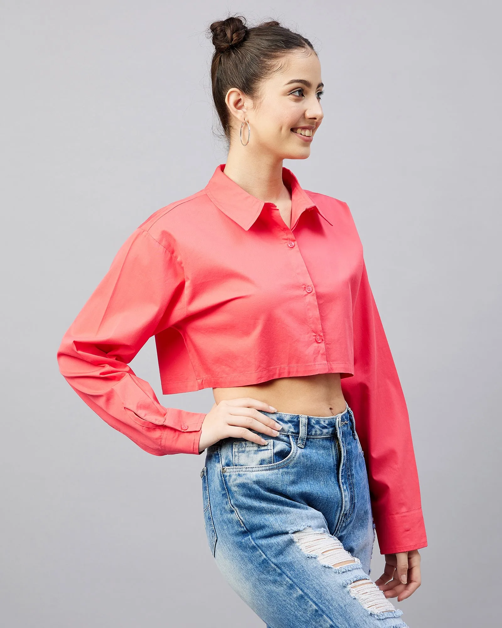 Chimpaaanzee Women Cotton Dark Pink Solid Fully Crop Shirt