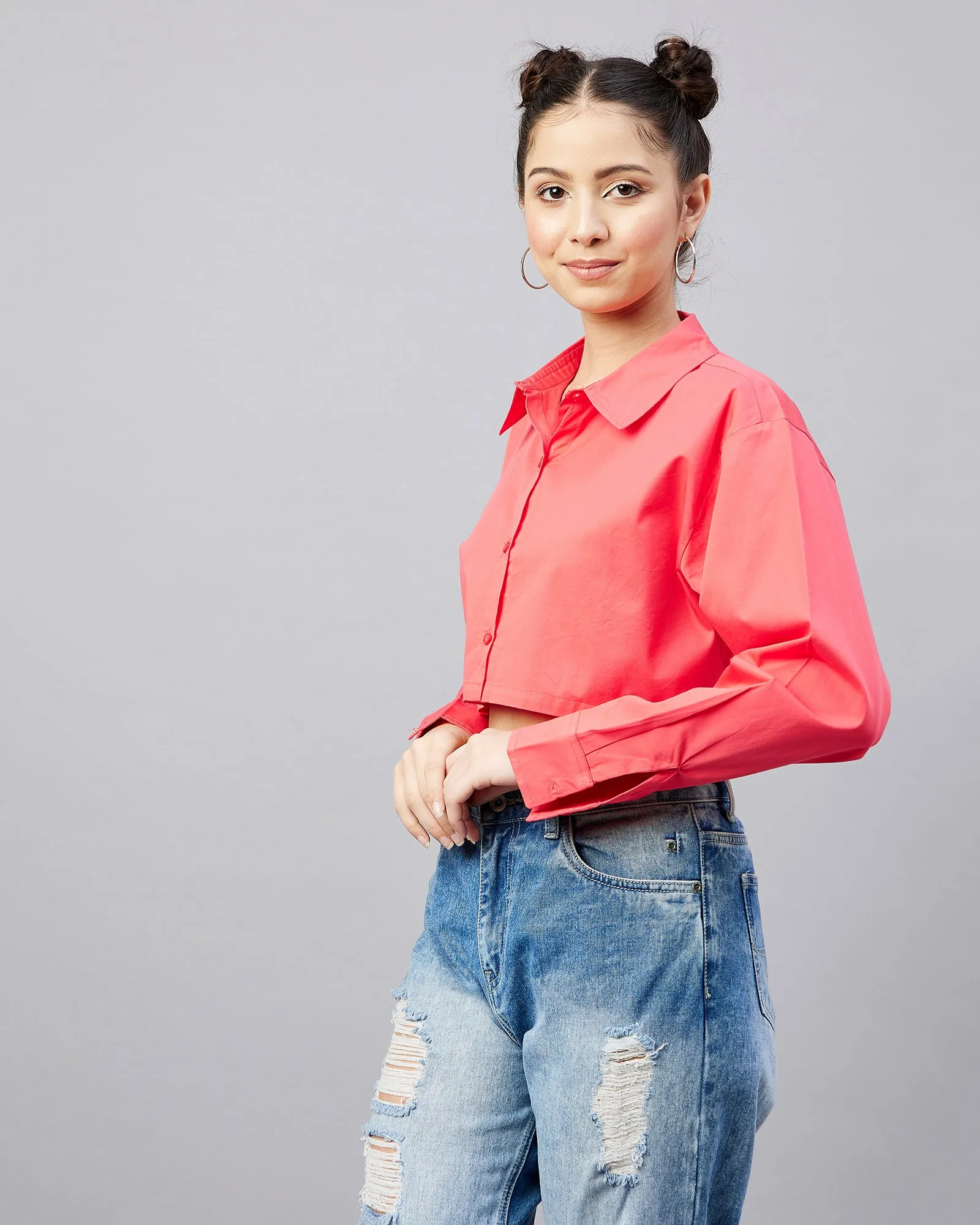 Chimpaaanzee Women Cotton Dark Pink Solid Fully Crop Shirt