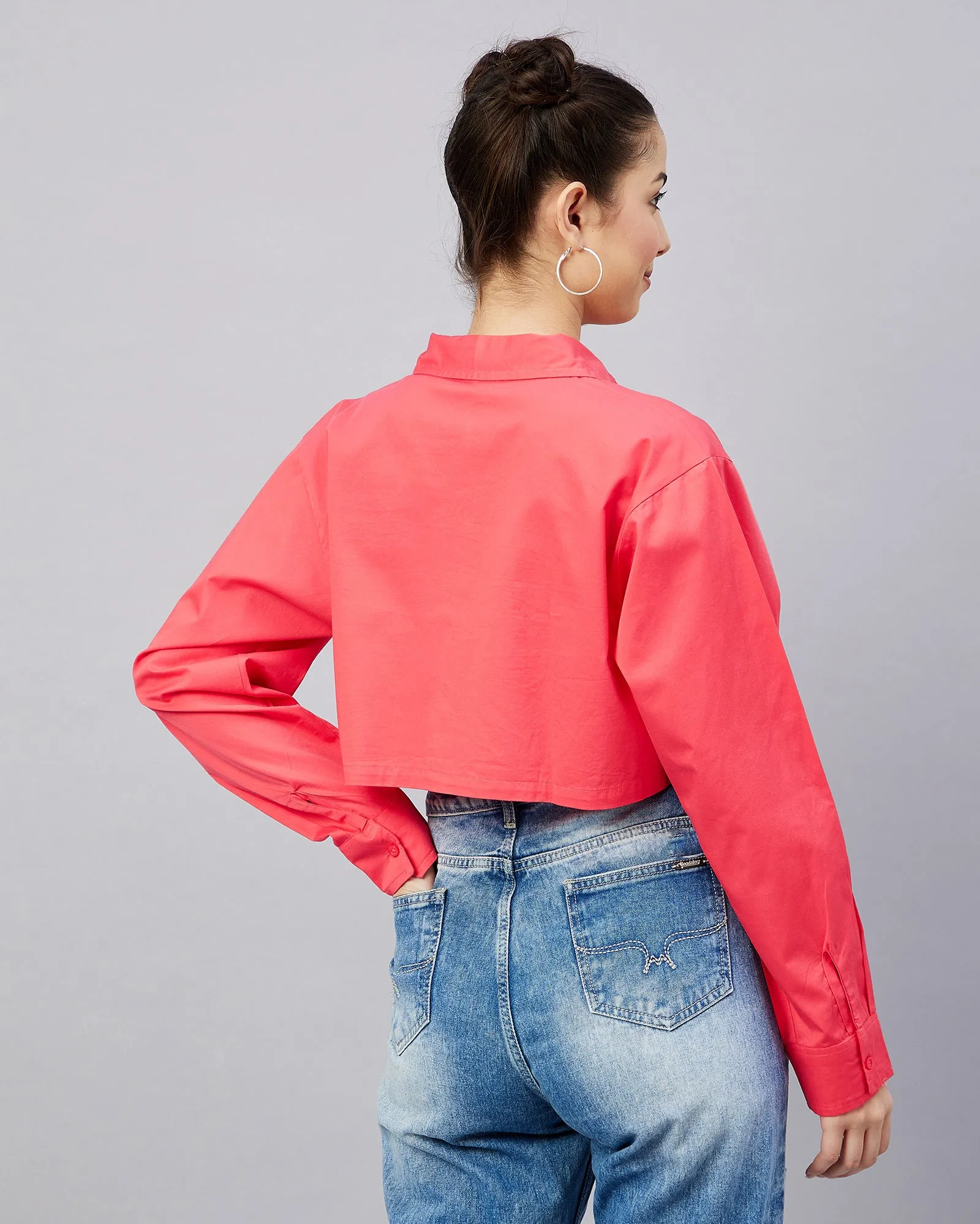 Chimpaaanzee Women Cotton Dark Pink Solid Fully Crop Shirt