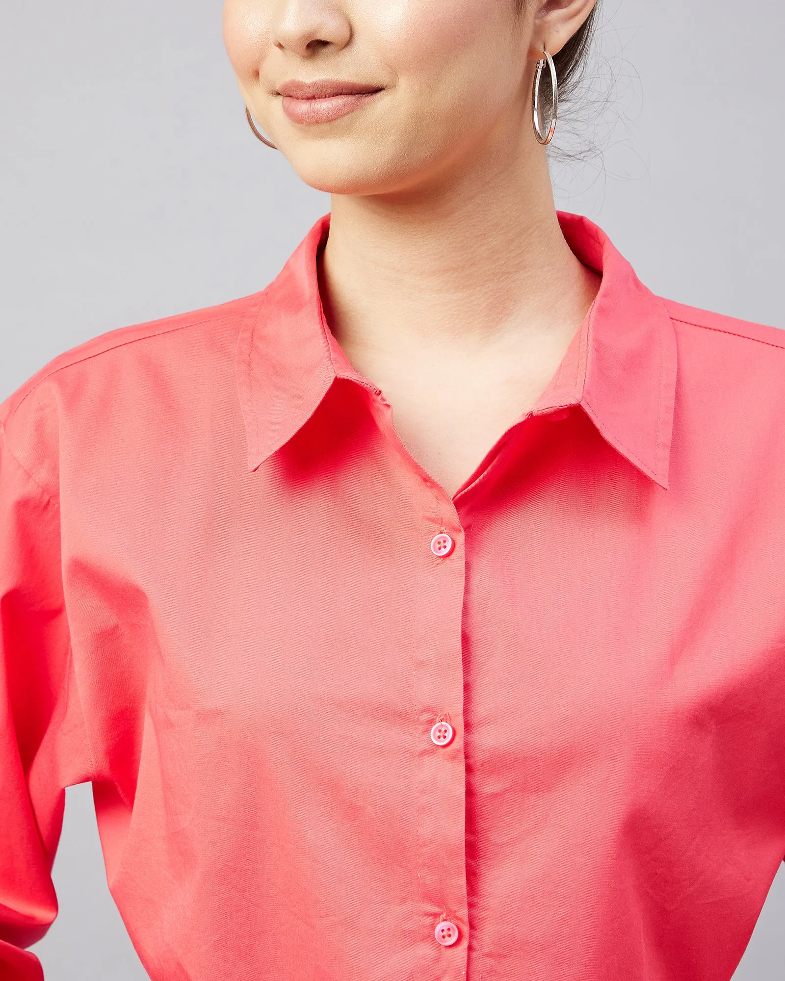 Chimpaaanzee Women Cotton Dark Pink Solid Fully Crop Shirt