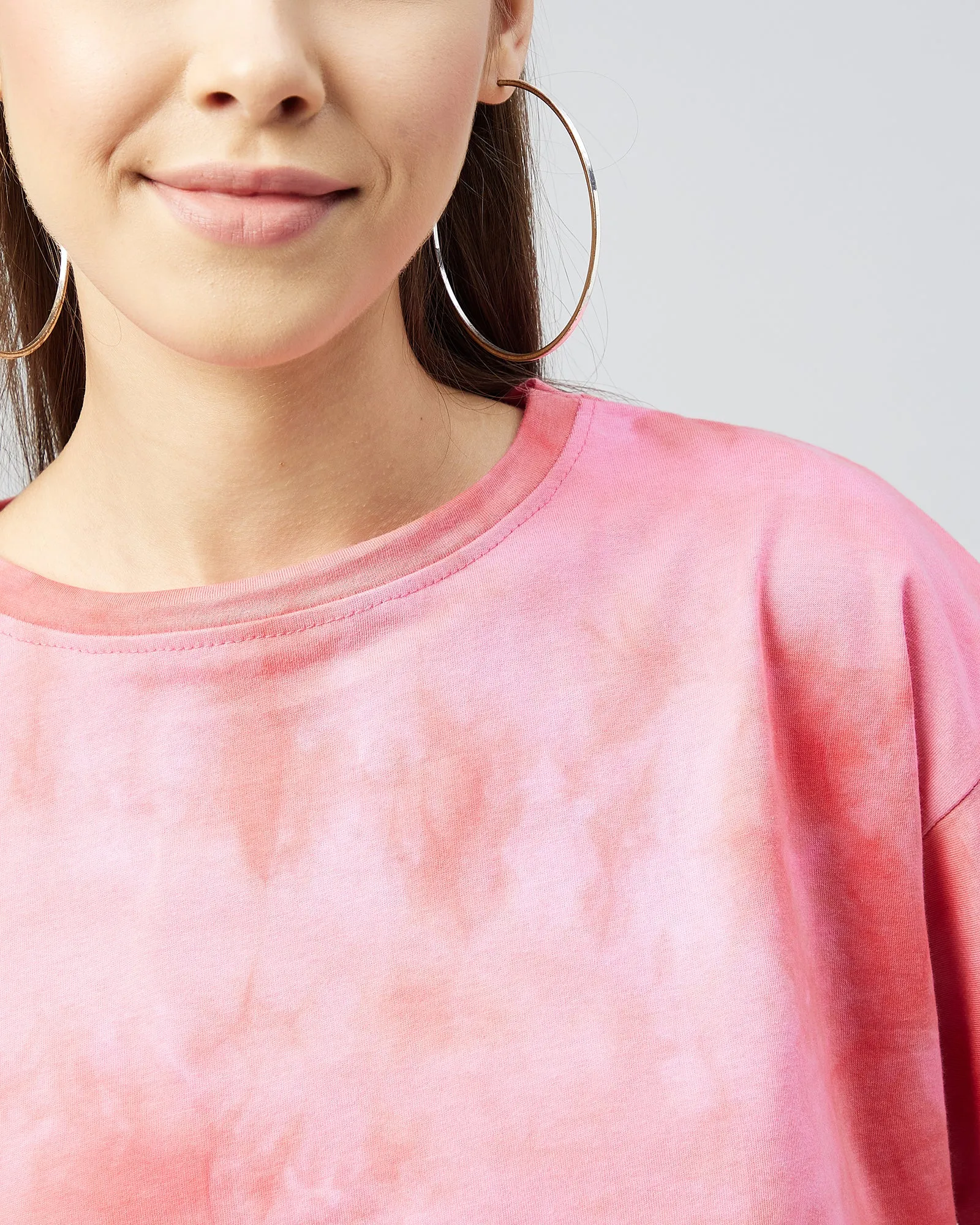 Chimpaaanzee Women Cotton Tie Dye Pink loose Fit Crop T-shirt