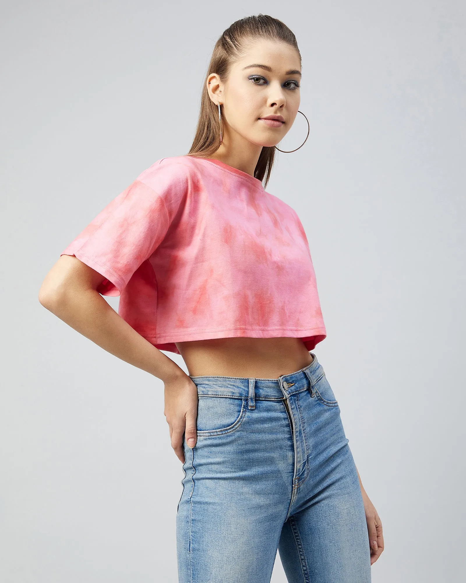 Chimpaaanzee Women Cotton Tie Dye Pink loose Fit Crop T-shirt