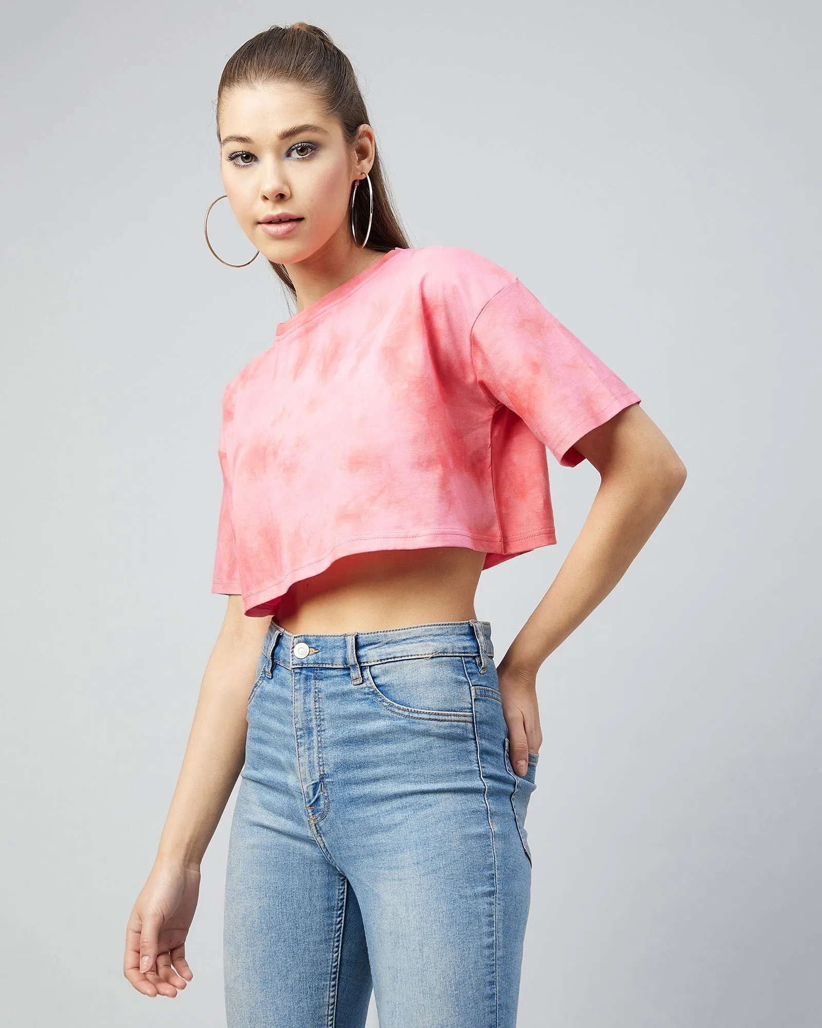 Chimpaaanzee Women Cotton Tie Dye Pink loose Fit Crop T-shirt