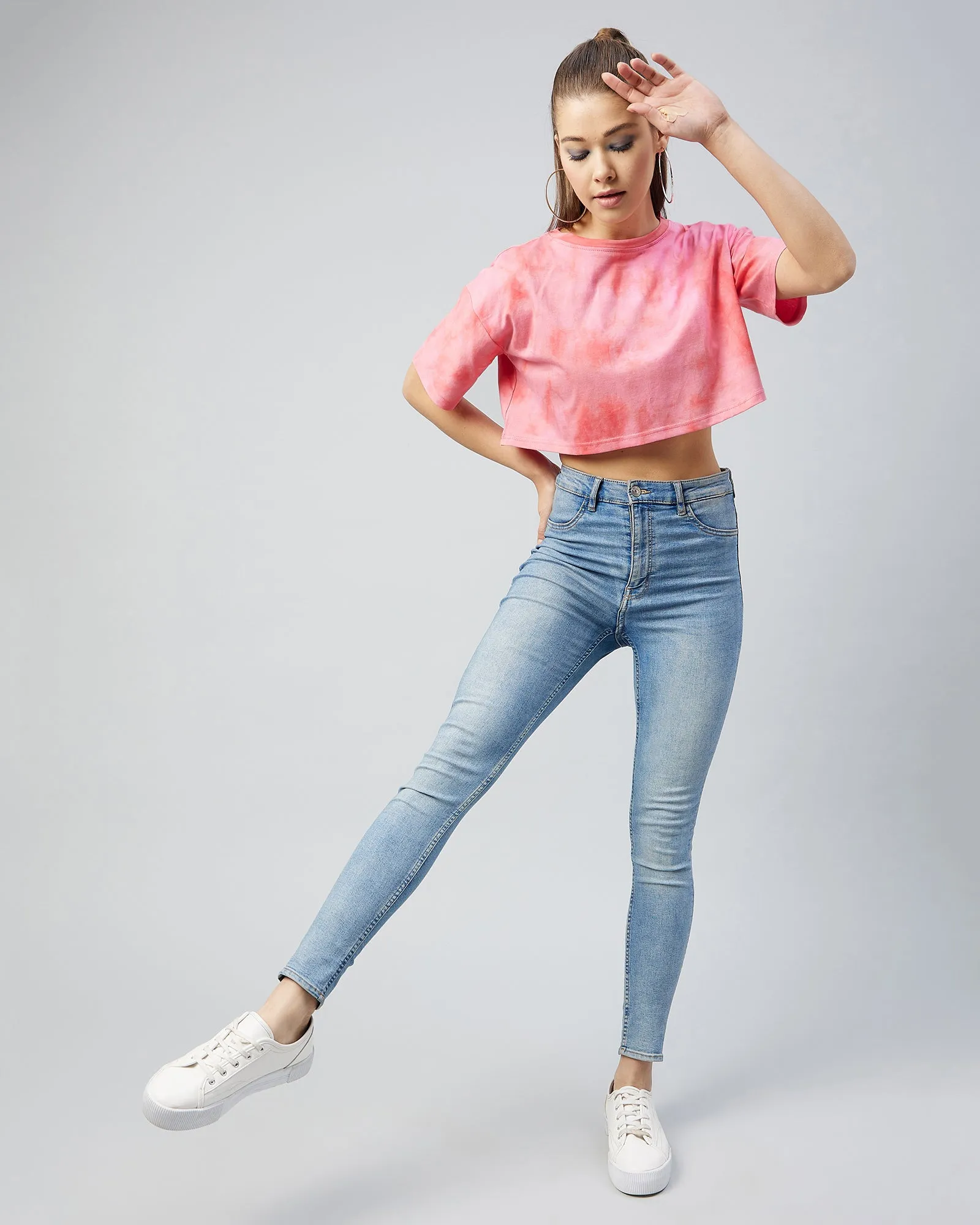 Chimpaaanzee Women Cotton Tie Dye Pink loose Fit Crop T-shirt