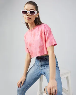 Chimpaaanzee Women Cotton Tie Dye Pink loose Fit Crop T-shirt