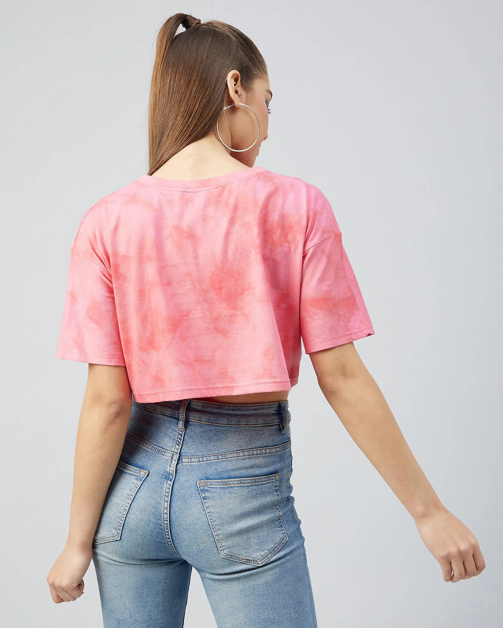 Chimpaaanzee Women Cotton Tie Dye Pink loose Fit Crop T-shirt