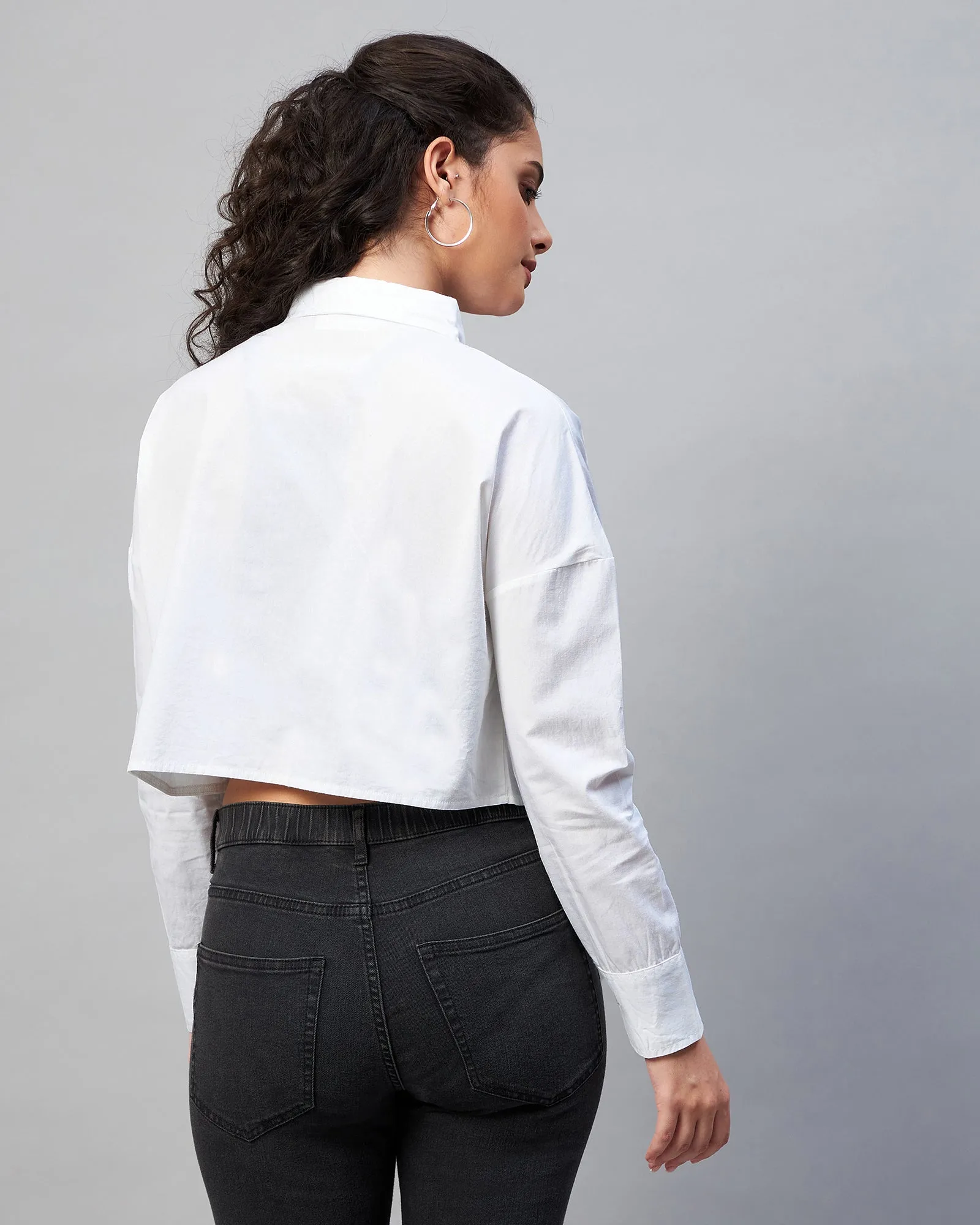 Chimpaaanzee Women Cotton White Solid Full Sleeve Drop Shoulder Crop Shirt