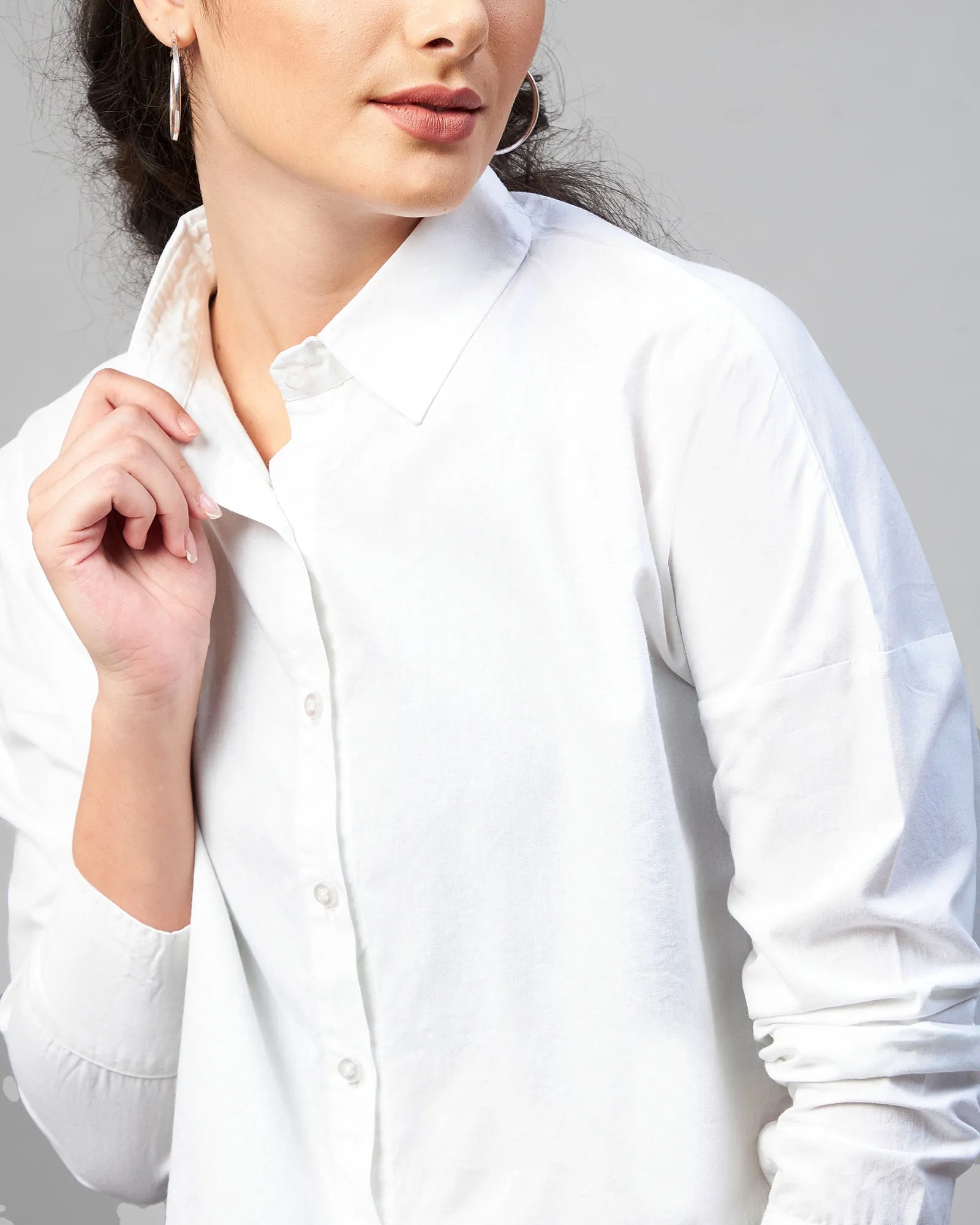 Chimpaaanzee Women Cotton White Solid Full Sleeve Drop Shoulder Crop Shirt