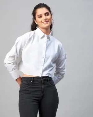 Chimpaaanzee Women Cotton White Solid Full Sleeve Drop Shoulder Crop Shirt