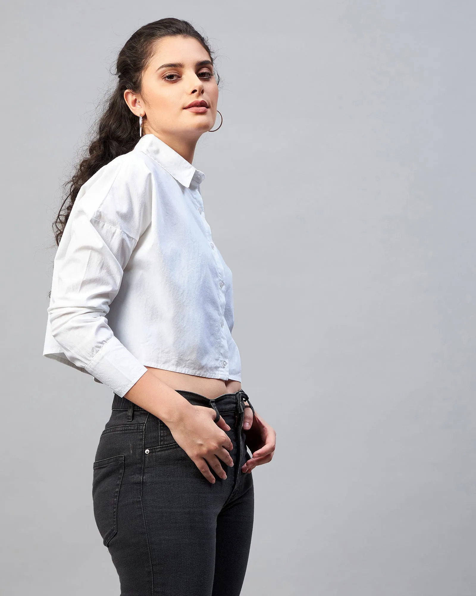 Chimpaaanzee Women Cotton White Solid Full Sleeve Drop Shoulder Crop Shirt