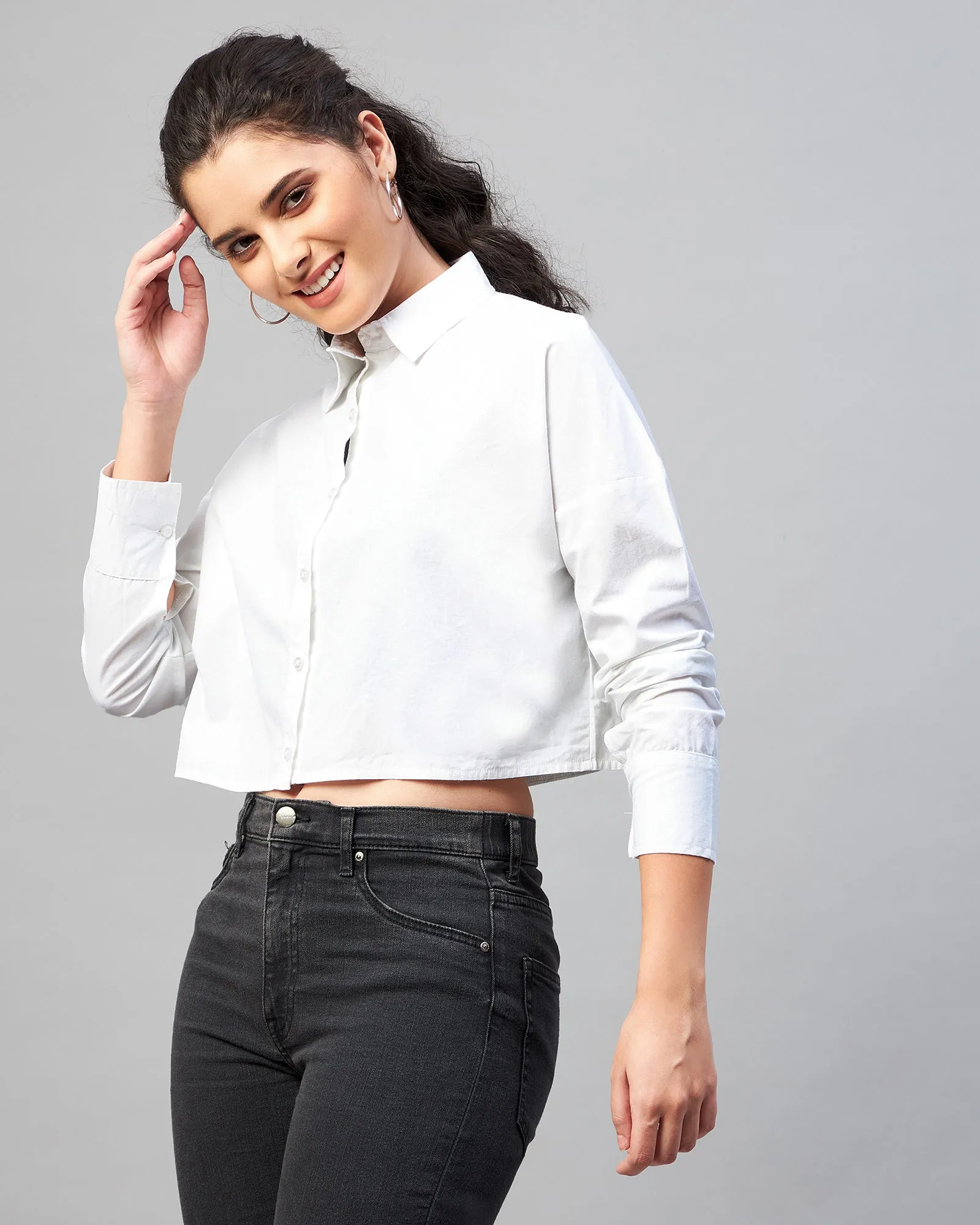 Chimpaaanzee Women Cotton White Solid Full Sleeve Drop Shoulder Crop Shirt