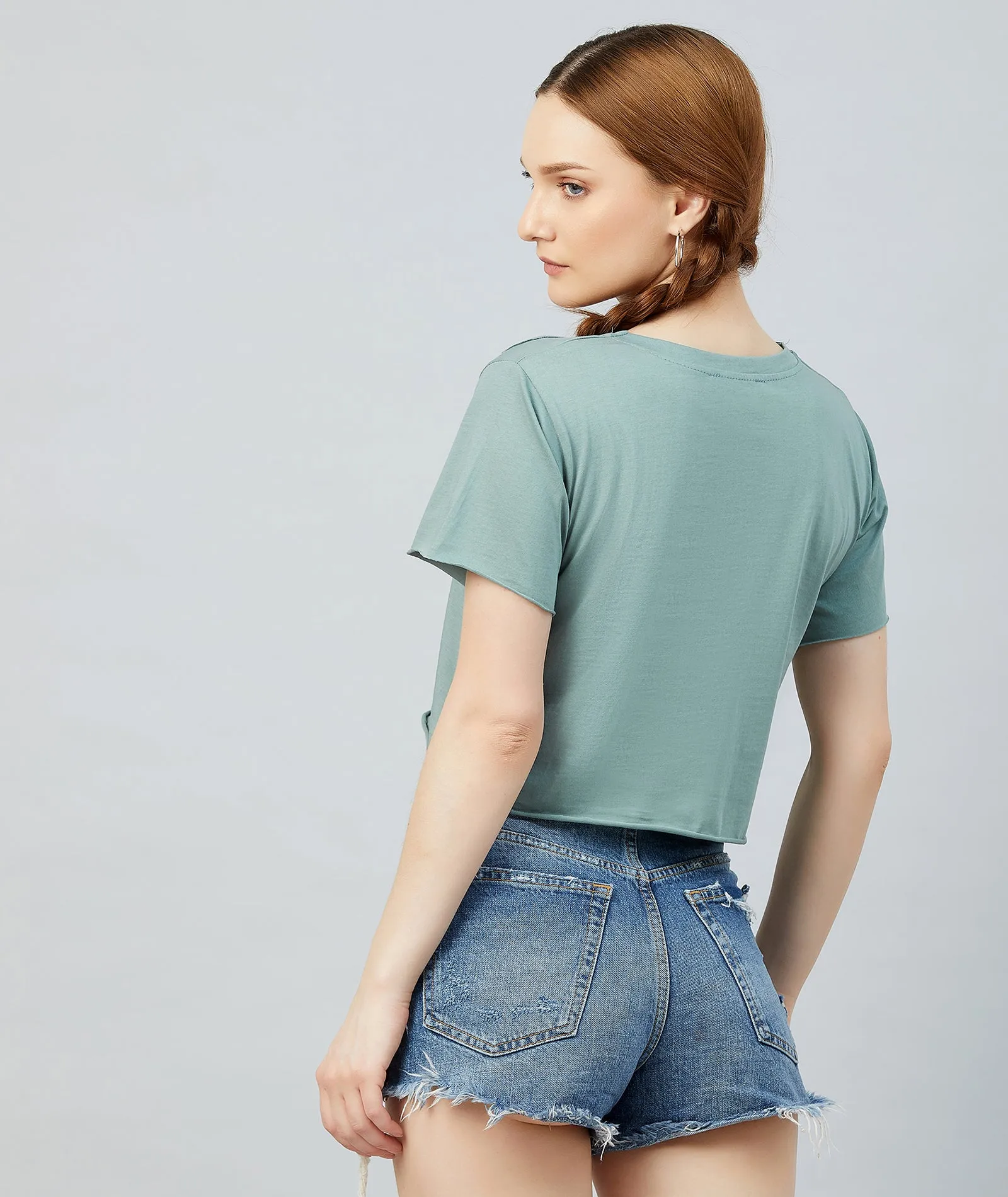Chimpaaanzee Women Dusty Green Ribbed Style Crop T-shirt