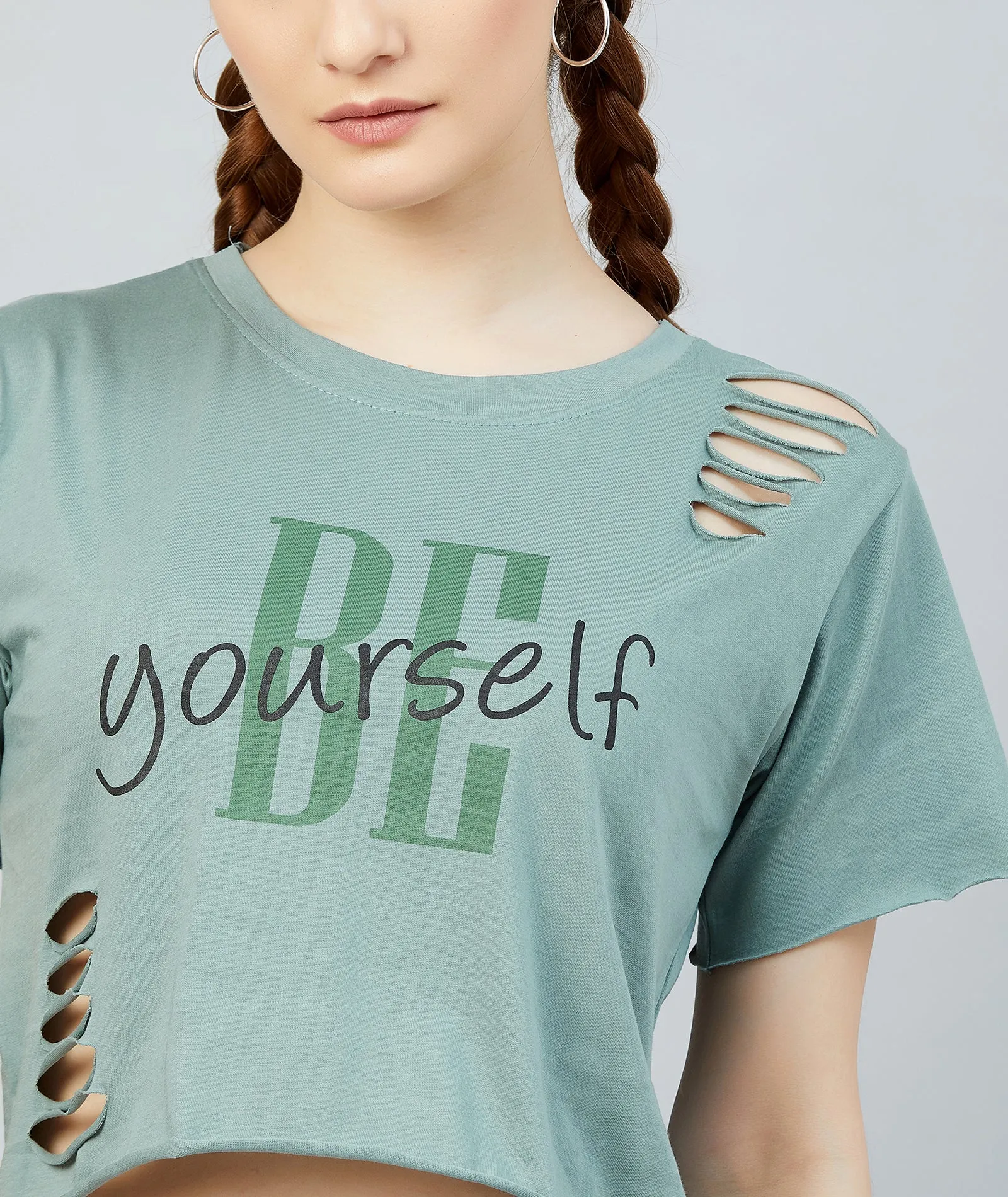Chimpaaanzee Women Dusty Green Ribbed Style Crop T-shirt