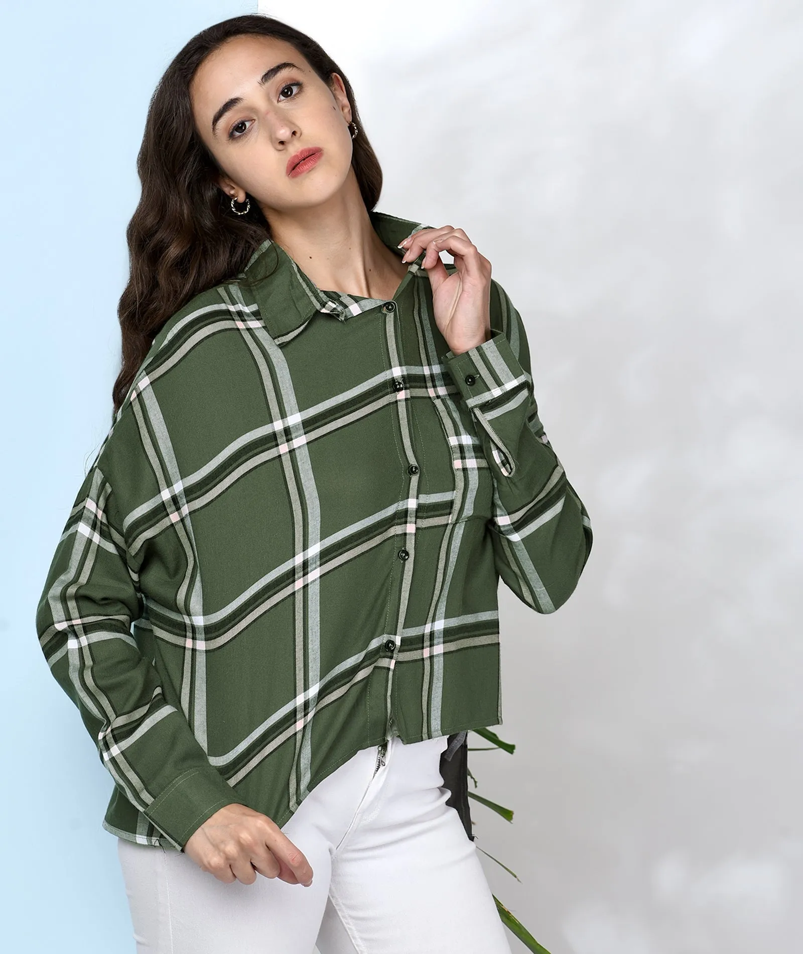 Chimpaaanzee Women Green viscose Oversized Checkered Shirt