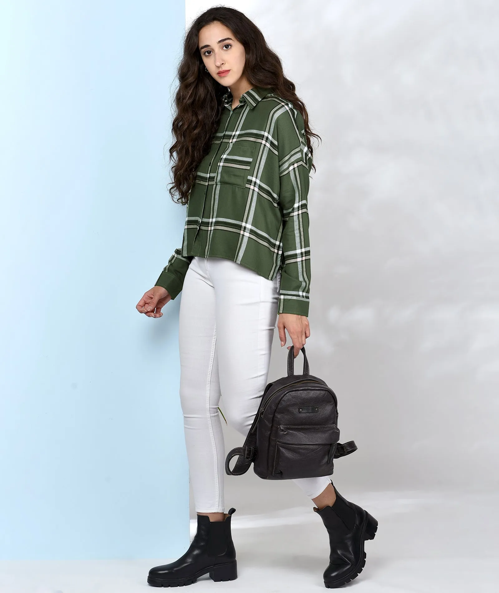 Chimpaaanzee Women Green viscose Oversized Checkered Shirt
