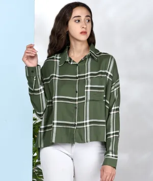 Chimpaaanzee Women Green viscose Oversized Checkered Shirt