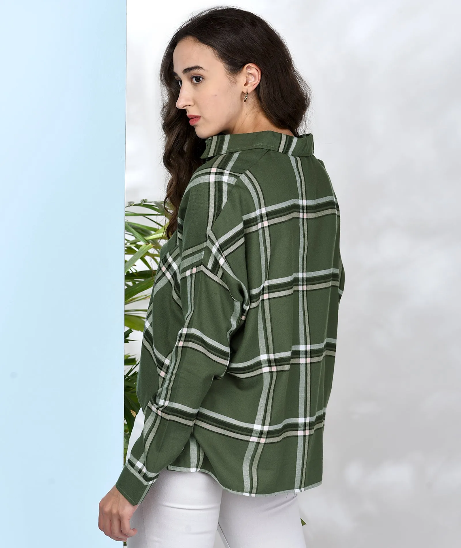 Chimpaaanzee Women Green viscose Oversized Checkered Shirt