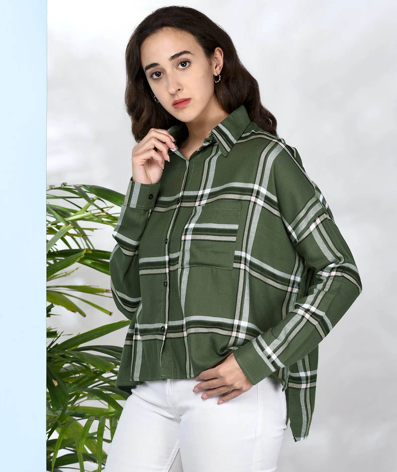 Chimpaaanzee Women Green viscose Oversized Checkered Shirt