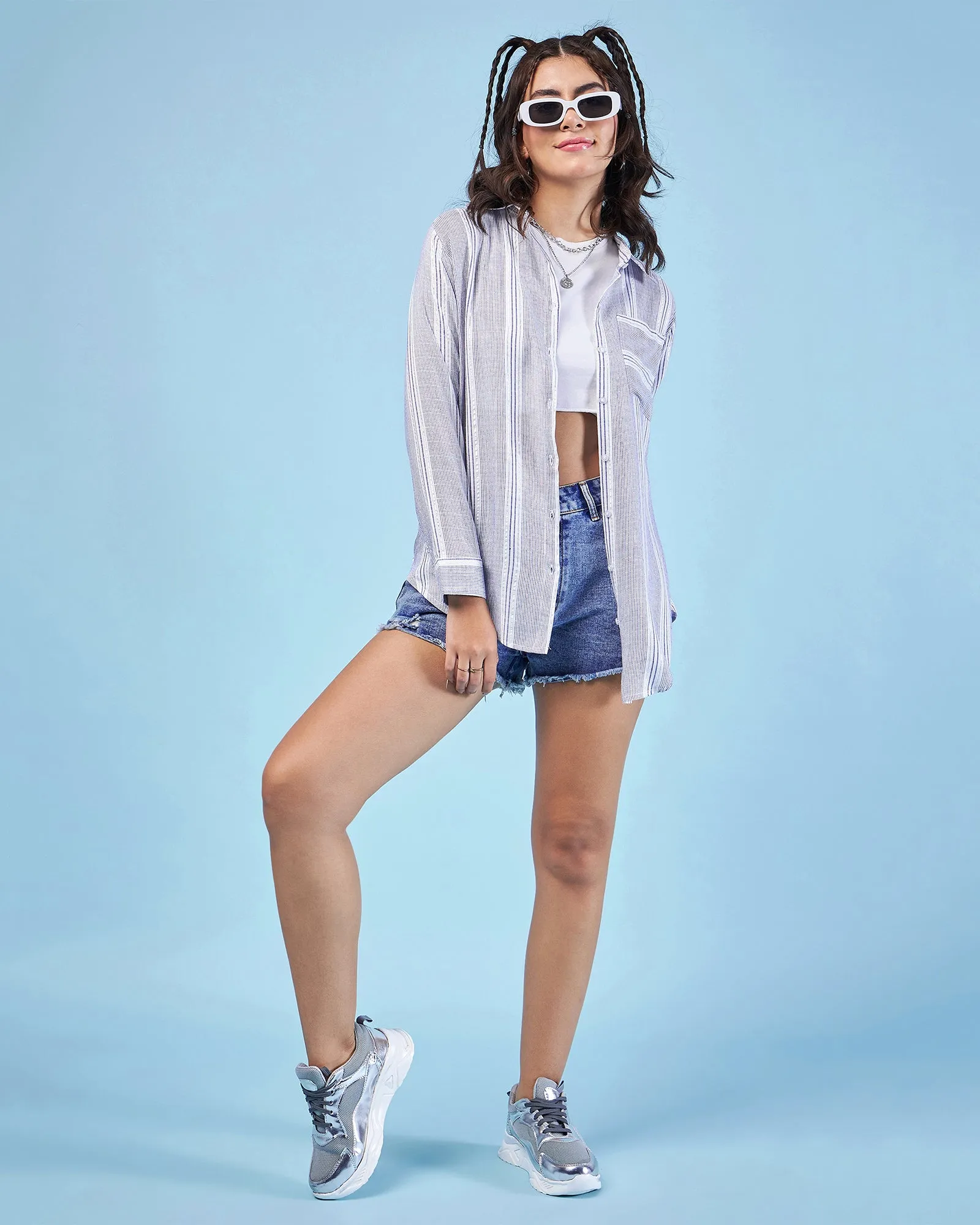 Chimpaaanzee Women Navy & White Oversized Shirt