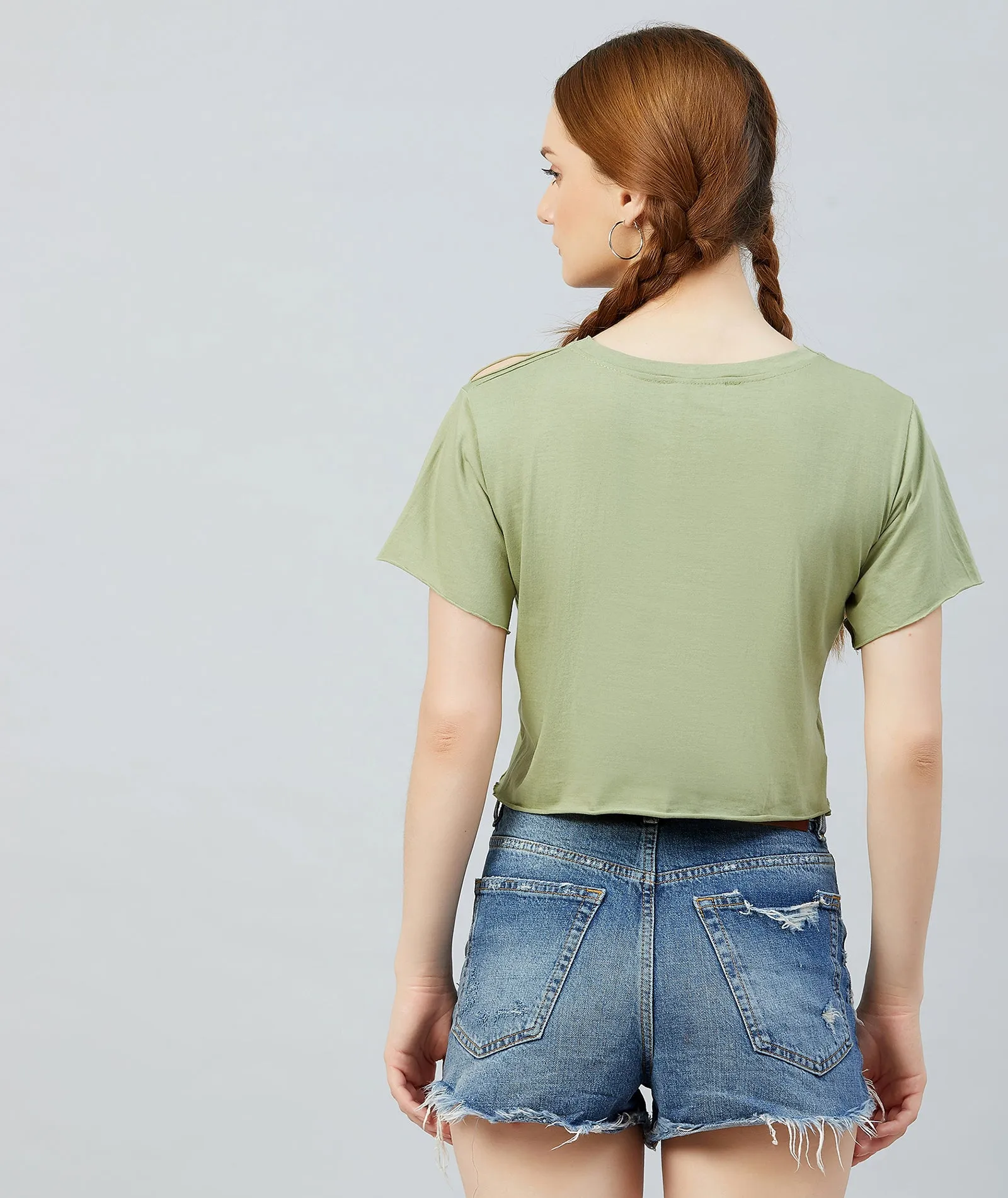 Chimpaaanzee Women Olive Green Ribbed Style Crop T-shirt