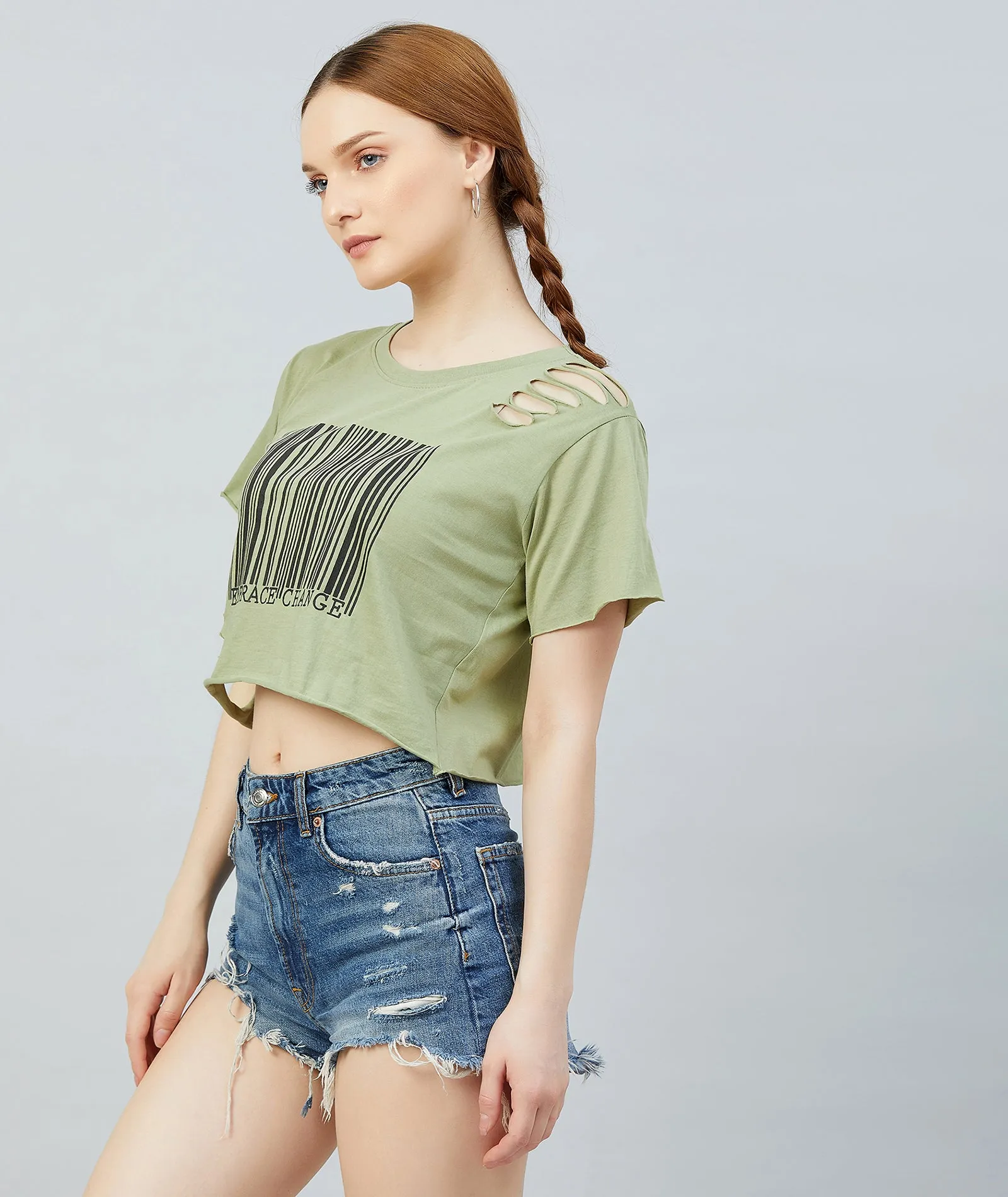 Chimpaaanzee Women Olive Green Ribbed Style Crop T-shirt