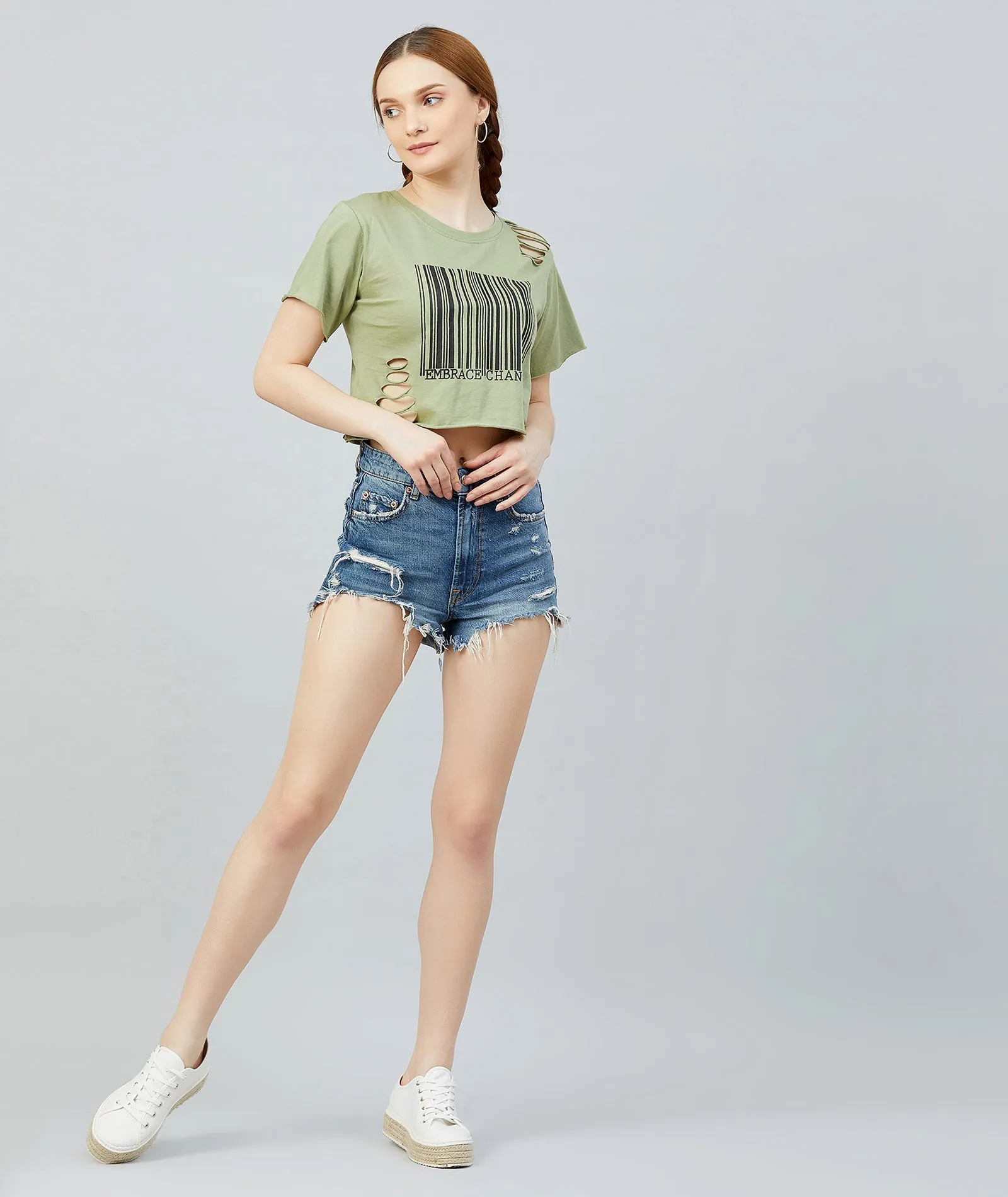 Chimpaaanzee Women Olive Green Ribbed Style Crop T-shirt