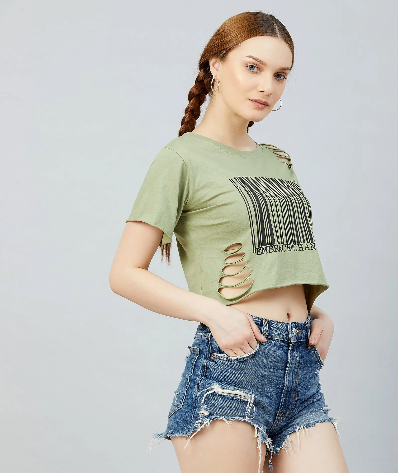 Chimpaaanzee Women Olive Green Ribbed Style Crop T-shirt