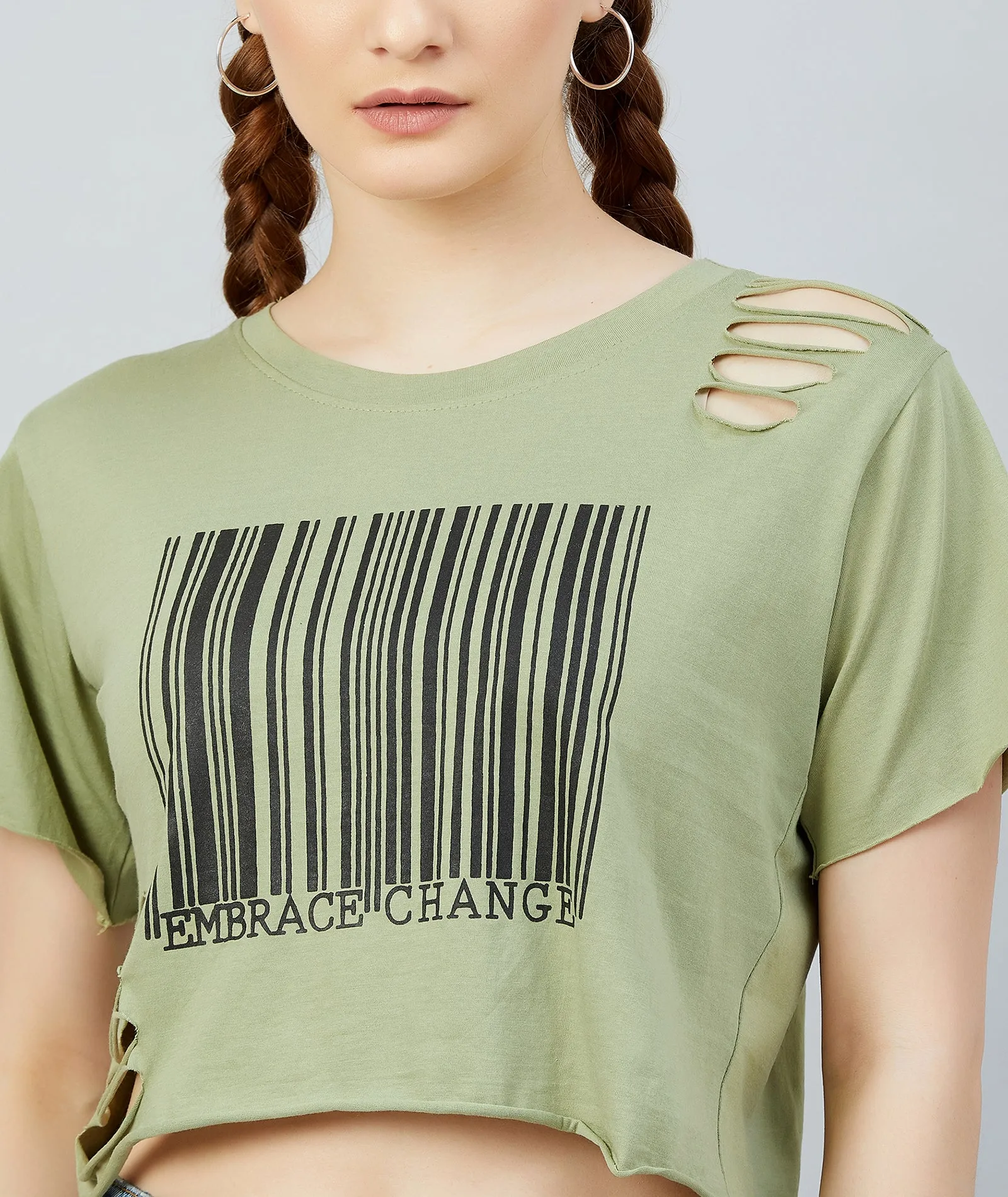 Chimpaaanzee Women Olive Green Ribbed Style Crop T-shirt