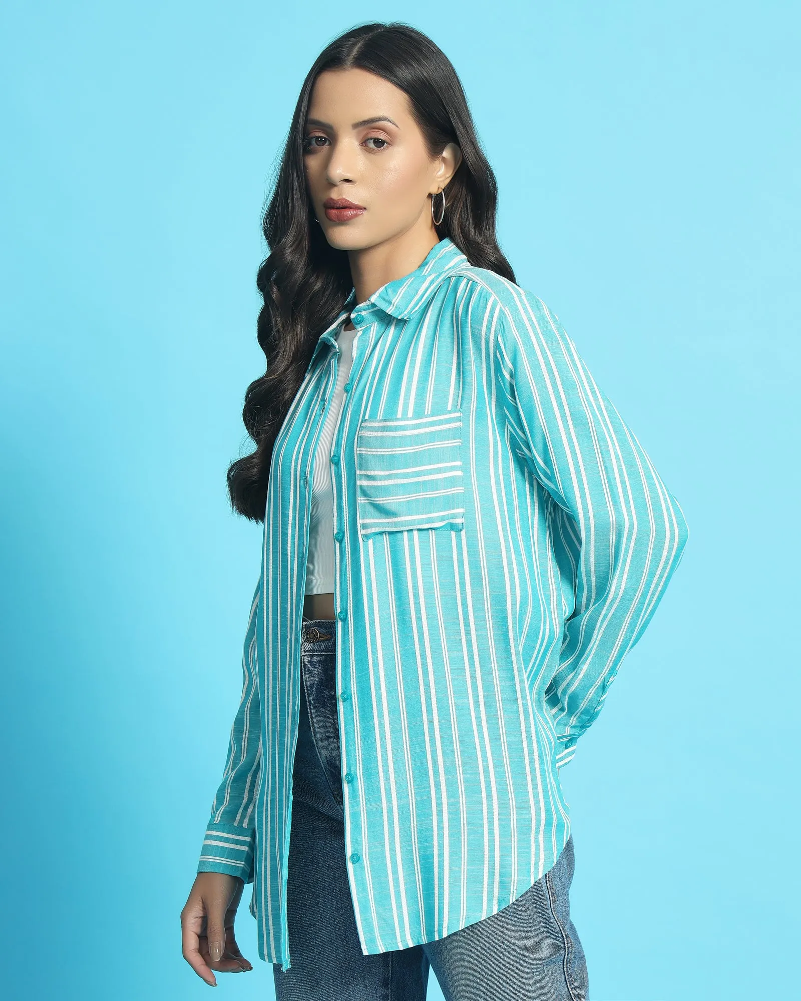 Chimpaaanzee Women Skyblue & White Oversized Shirt