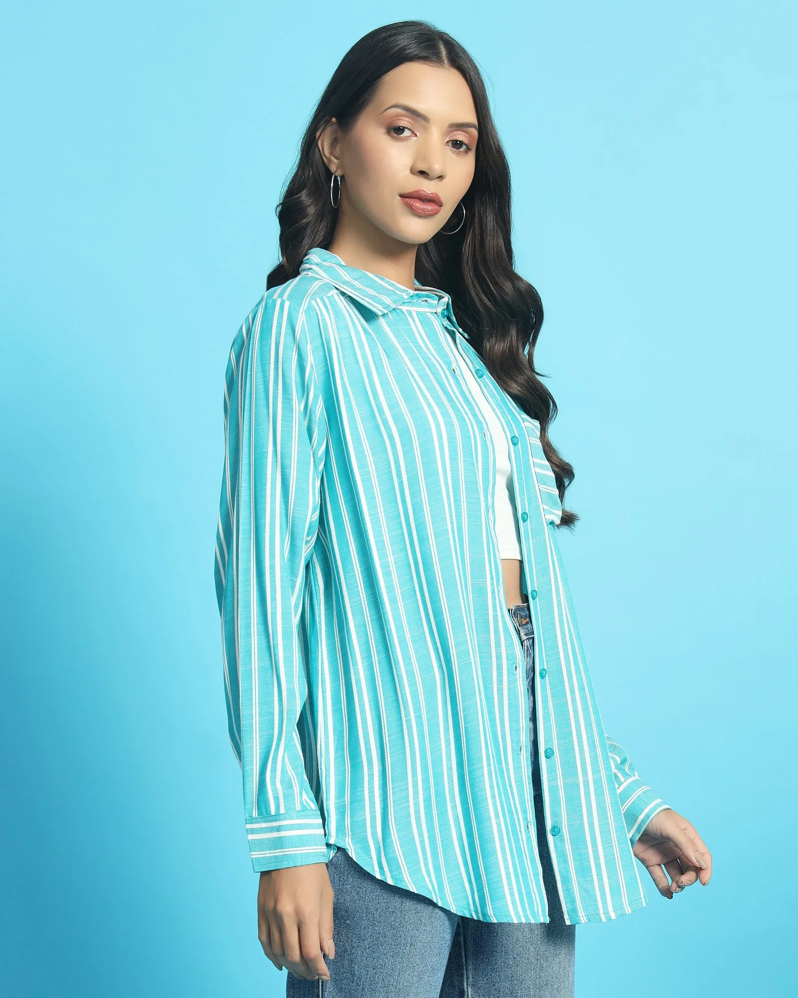 Chimpaaanzee Women Skyblue & White Oversized Shirt