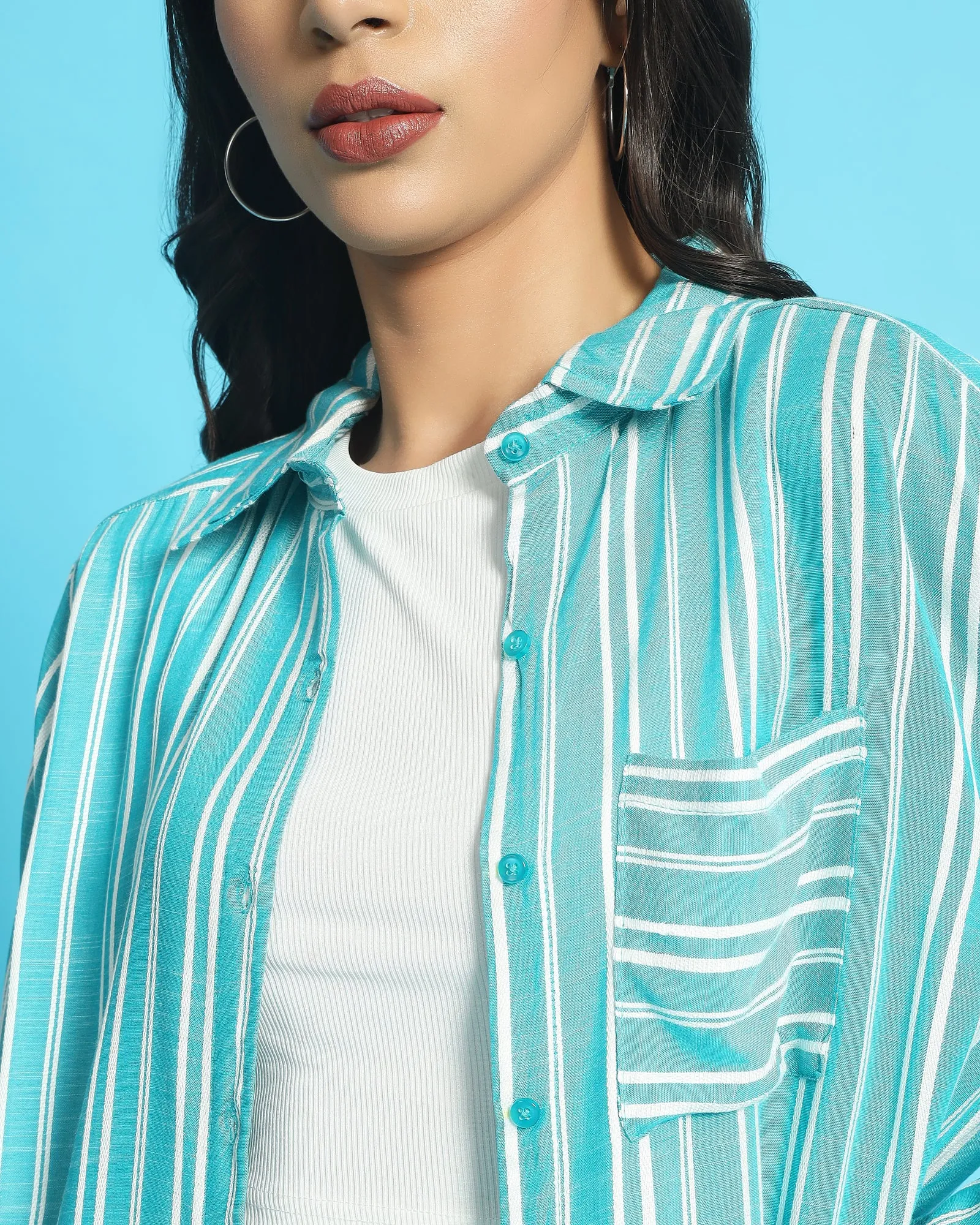 Chimpaaanzee Women Skyblue & White Oversized Shirt
