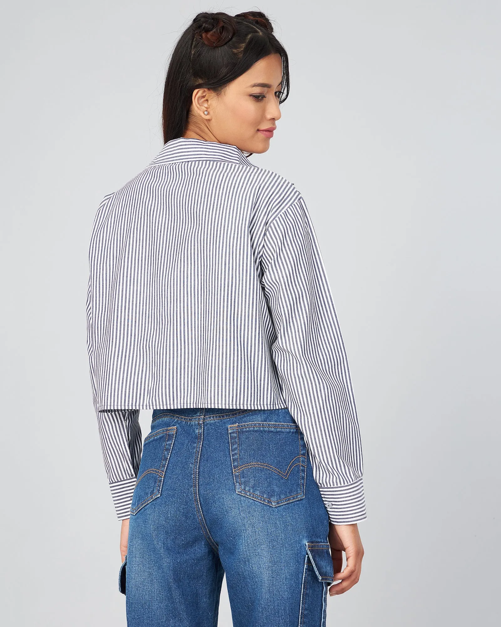 Chimpaaanzee Women Viscose Black & White Small Stripe Full Sleeve Crop Shirt